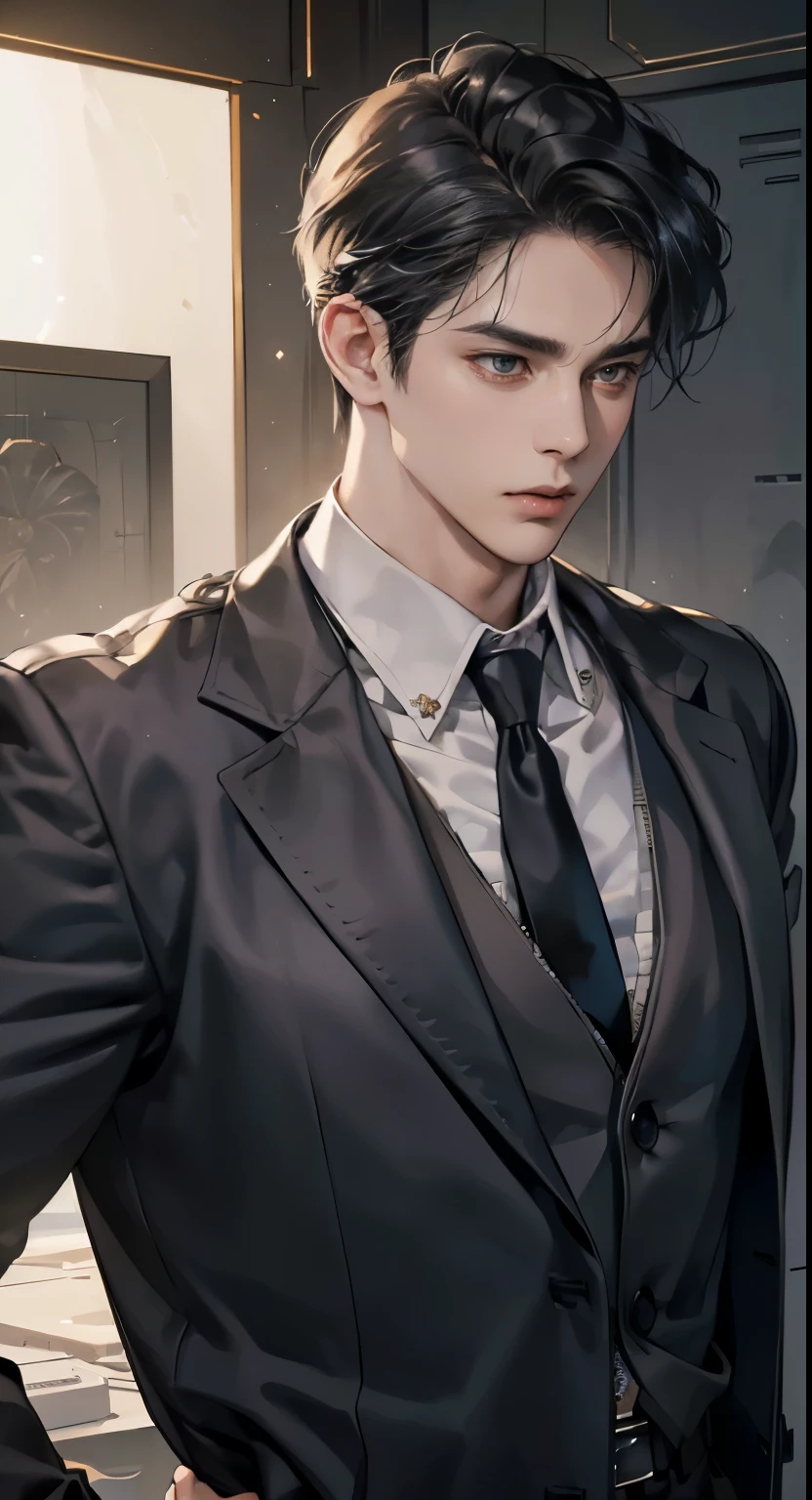 (best quality, masterpiece, 8 thousand, realistic, cinematic lighting, 1:4 HDR images, very detailed, beautiful photoature man, very handsome, ((cold expression)), black short hair, black eye, A perfect face without any mistakes, ((Buttoning my jacket, chief executive))