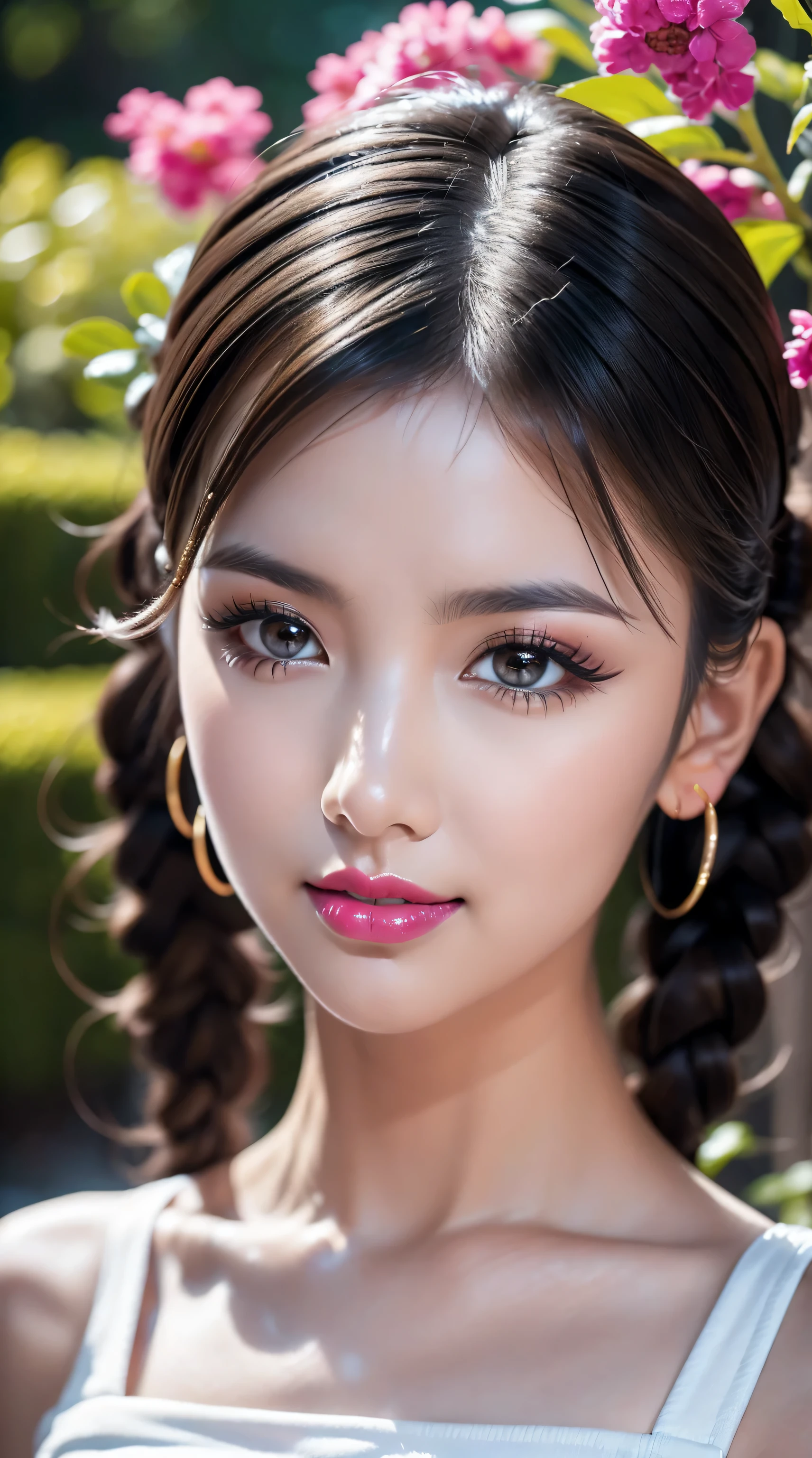 Divide Ratio : 1,2,1 Base Ratio : (a girl in a garden:1.3),(details of a very beautiful face),(best quality:1.4),(photo realistic:1.45),(realistic:1.45),Hyper resolution,(vivid colors), beautiful detailed lips, (red_lipstick:1.2),BREAK (Black hair twintail:1.2),sharp focus,physically-based rendering flowers in the background:1.2 soft sunlight, BREAK beautiful detailed eyes ((brown_eyes:1.1)) close up of a woman's eye with a digital rendering, BREAK (long blue_eyelashes:1.1),BREAK (pink_makeup:1.2),BREAK (white tanktop:1.3),greenery,relaxed expression,dainty jewelry,friendly atmosphere,detailed background,harmonious colors,subtle shadows,peaceful ambiance,gentle breeze,faint sunlight,lush garden,beautiful flowers,delicate features,vibrant eyes,rosy cheeks,bright and beautiful smile,gleaming white teeth.