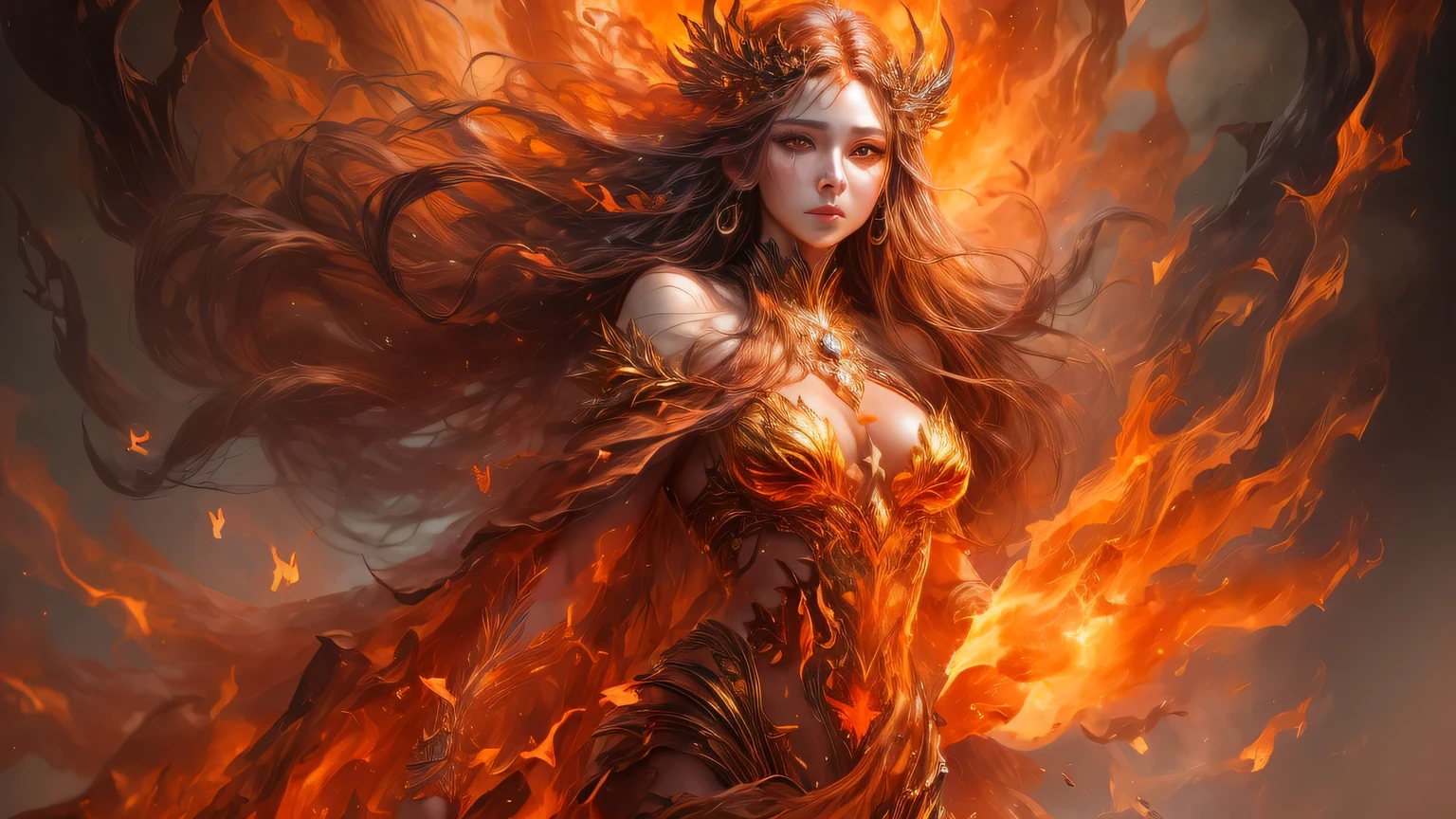 that is a realistic fantasy work with a striking expression of realistic fire.., including flames, hot burning embers, Subtle acting, And the beautiful fire druid. ((Full body view)) Druid stands in the middle of a raging hell with an interesting composition... her face is expertly sculpted, Elegant, sophisticated features and perfect shading, big bust, careful, realistic skin texture. her (orange and gold eyes) that'It's absolutely stunning and the focus of this image.. (her eyes extremely detailed, beautiful and delicate eyes, and macro). her eyes feature intricate detailing with clearly defined irises and bright sclera. her soft lips are smooth and very puffy, her 피부는 가벼운 홍조와 화려한 불꽃 디테일로 장식되어 있습니다.. her long gown is stunning and expensive, The aura of the fire spirit king behind her, Made of pure fire and sparkle., Gorgeous jewels sparkling in the light. her billowing gown glitters from the flames and features a delicately and intricately embroidered bodice with wisps of flames running across it. Contains fantasy elements such as bumps.., rock, burning rainbow light, light나는 불씨, silk, And an interesting background. The firebird radiates magical and mystical energy.., Contains fiery magical creatures such as the Fire Butterfly... light: 예술 작품의 아름다움을 향상시키기 위해 light의 최신 트렌드를 활용. camera: Use dynamic compositions to create a sense of urgency and excitement... Get inspired by current masters of the fantasy genre, Includes popular artists from Artstation and Midjourney. ((masterpiece))