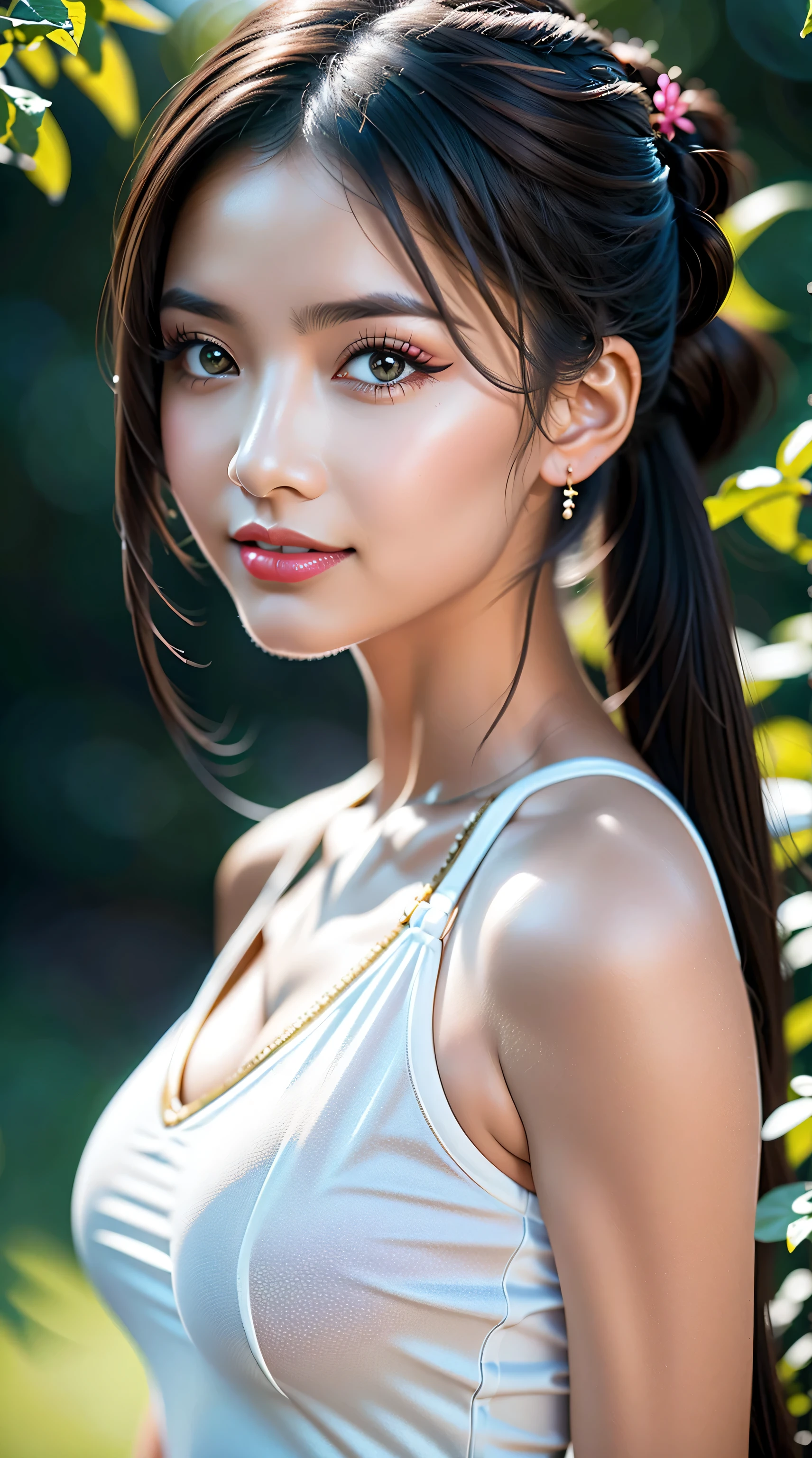 Divide Ratio : 4,3,1 Base Ratio : (a girl in a garden:1.1),(details of a very beautiful face)(best quality:1.4)16k resolution,(photo realistic:1.45), (realistic:1.45), 16k, Super resolution, (vivid colors), beautiful detailed lips, (red_lipstick:1.2), BREAK (Black hair twintail:1.2), sharp focus, physically-based rendering flowers in the background:1.2 soft sunlight, BREAK beautiful detailed eyes ((brown_eyes:1.2)) close up of a woman's eye with a digital rendering, BREAK (long blue_eyelashes:1.1), BREAK (pink_makeup:1.2), BREAK (white tanktop:1.3), BREAK, greenery,relaxed expression,dainty jewelry,friendly atmosphere,detailed background,harmonious colors,subtle shadows,peaceful ambiance,gentle breeze,faint sunlight,lush garden,beautiful flowers,delicate features,vibrant eyes,rosy cheeks,bright and beautiful smile,gleaming white teeth.