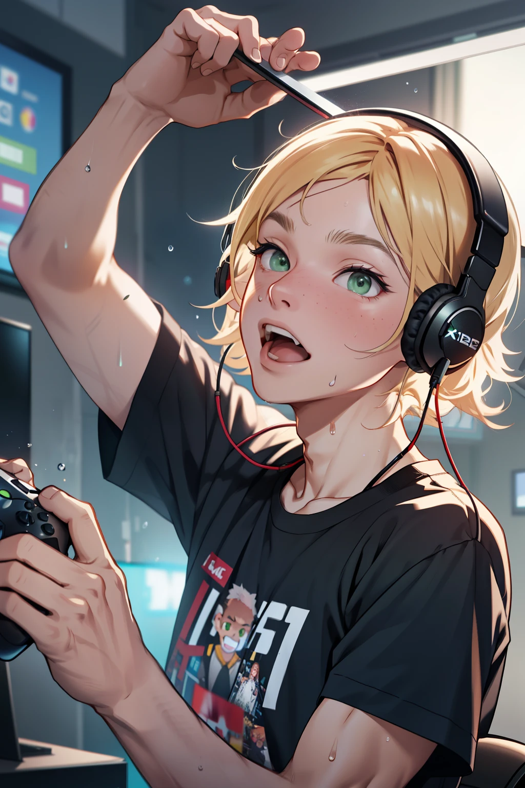 Cinematic Still of a Man Excitedly Playing a Video Game with an Xbox Shirt --s2
(Best Quality, 4k, 8K, high resolution, Masterpiece: 1.2), man in Vovo brand t-shirt, intensely focused on the screen, hands on Xbox controller, yellow pixels flashing on the TV, sweat droplets on his forehead, red cheeks, eyes wide open, tongue sticking out, hair disheveled, green headphones on, expression of pure joy and concentration.