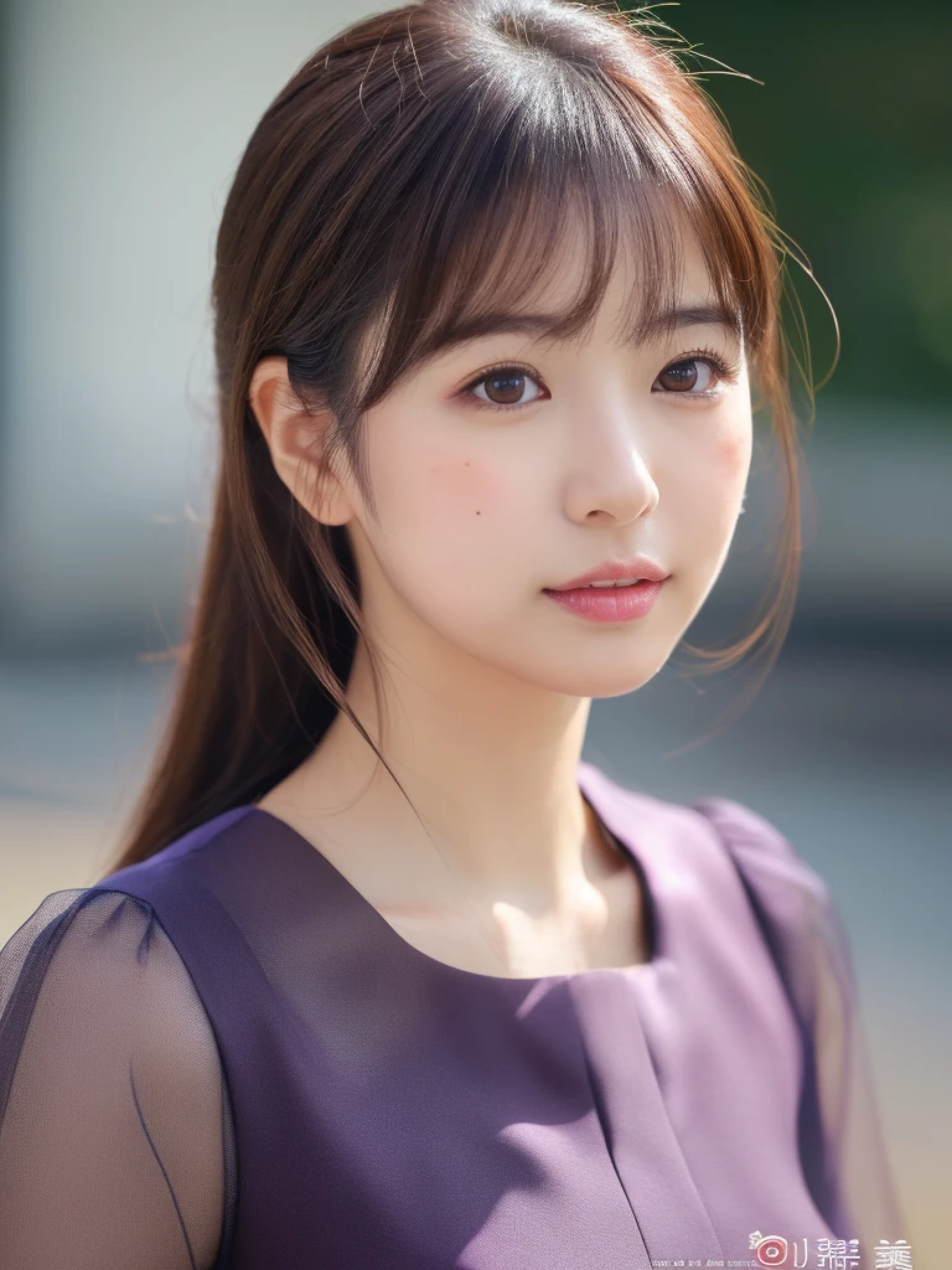 ((cute日本の女の子、beautiful japanese girl、1 girl、19 years old、ponytail、Highly detailed face and skin texture、super detailed face、highly detailed eyes、Lee Hong、blush、close-up of woman、front、 from the neck up、cute、Highly detailed face and skin texture、smooth white skin、Transparent skin texture、))、(dark brown hair)、looking at camera、sharp focus:1.2、beautiful woman with perfect style:1.4、japanese model、young gravure idol、若いcuteグラビアアイドル、Realistic young gravure idol、sophisticated gravure idol、((highest quality、8k、masterpiece:1.5、1photograph))、(4k、RAWphotograph、highest quality)、Place a person on the other side of the screen、Natural light、professional lighting、(realistic、フォトrealistic:1.5)、 dark purple sexy one-piece dress、