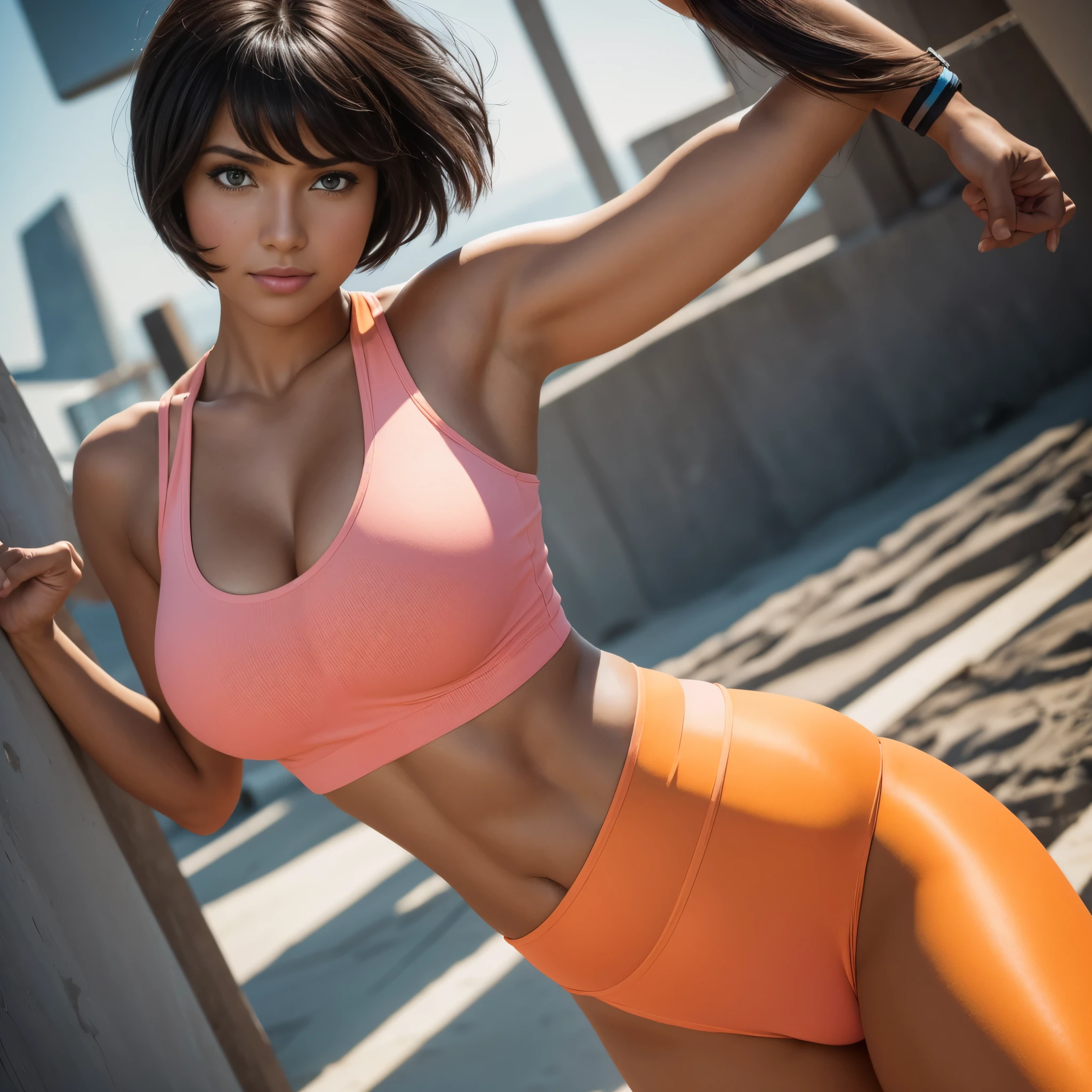 Isabela Merced as dora,orange tights, pink tanktop, confident, big breasts: 1.5, perfect anatomy, perfect symmetry: 1.2, realistic face: 1.2, perfect face, content, confident, very detailed and dramatic, Cinematic lighting, Lighting scene, soft lights, tanned skin,Professional whole body photo, (Photo 4k:1.1) by (Arny Freytag), (sharp focus:1.3), high detail
