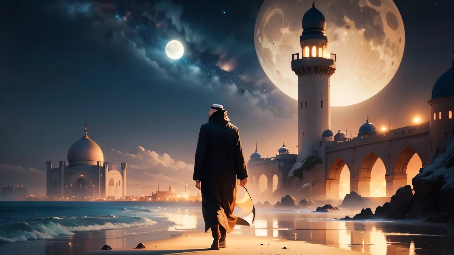 muslim man walking on the beach at night with a mosque in the background, 8k stunning artwork, concept art wallpaper 4k, inspired by Andreas Rocha, andreas rocha style, inspired by Cyril Rolando, a beautiful artwork illustration, 4k highly detailed digital art, concept art | rhads, beautiful art uhd 4 k, 8k hd wallpaper digital art, million of stars, moon
