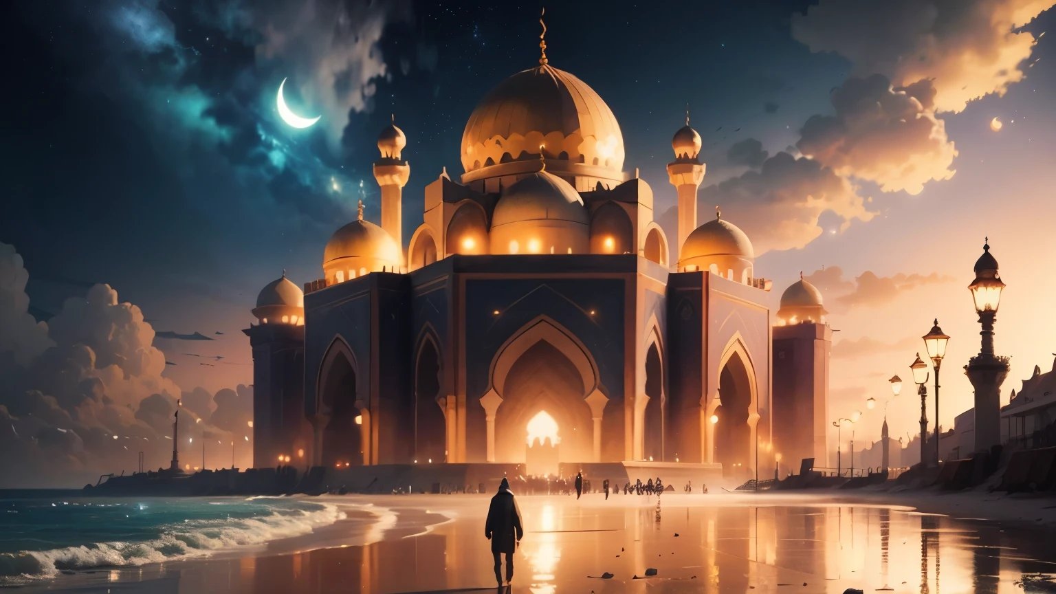 muslim man walking on the beach at night with a mosque in the background, 8k stunning artwork, concept art wallpaper 4k, inspired by Andreas Rocha, andreas rocha style, inspired by Cyril Rolando, a beautiful artwork illustration, 4k highly detailed digital art, concept art | rhads, beautiful art uhd 4 k, 8k hd wallpaper digital art, million of stars, moon
