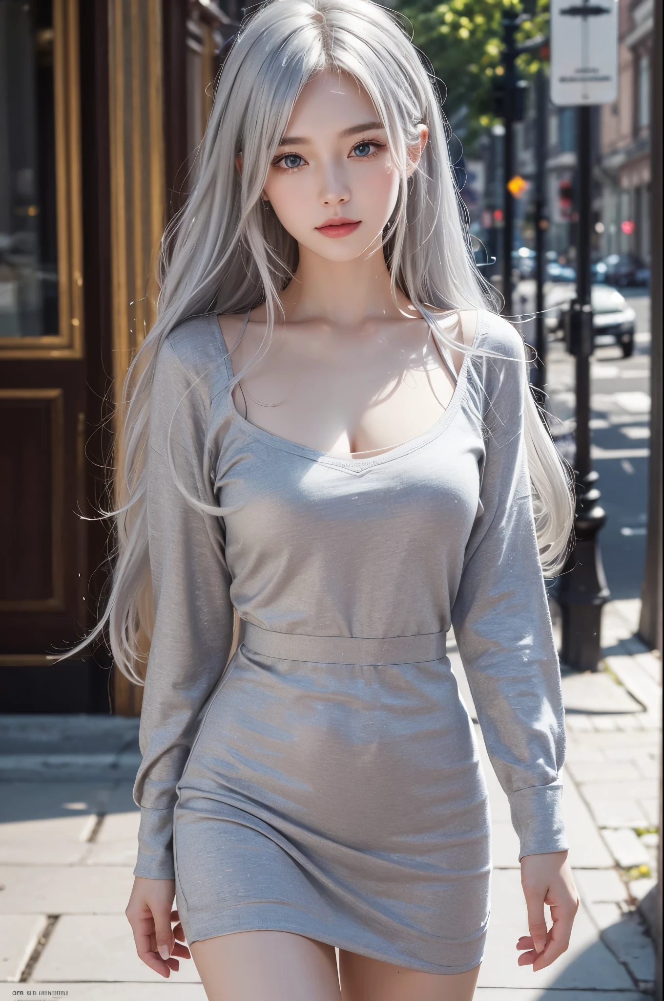 masterpiece, (Best Quality:1.4), realistic, Highly Detailed CG Unified 8k Wallpaper, Lightly Details, High Definition RAW Color Photography, professional photo shooting, realistic portrait, Cinematic light, beautiful detail, 1Girl, Charming Russian model Nata Lee, ((light silver hair)), 21-year-old beautiful woman, Walking through the café streets, Seductive body.