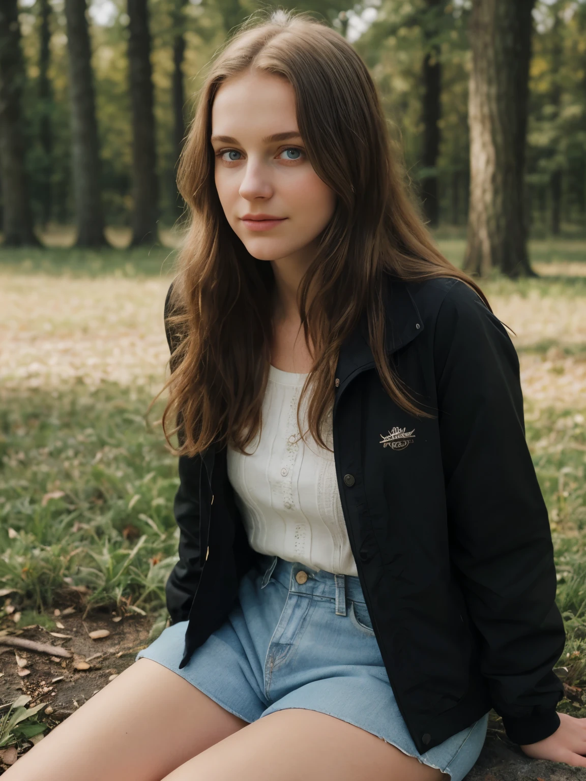 young woman, 16 Jahre alt, iPhone-camera, straight hairs, beautiful, 16 years old, short top and jacket, forest, february, happy, realistic, sweet, ultra realistic, poreasterpiece)), ((realistic light)). beautiful face and eyes, full body, long hairs