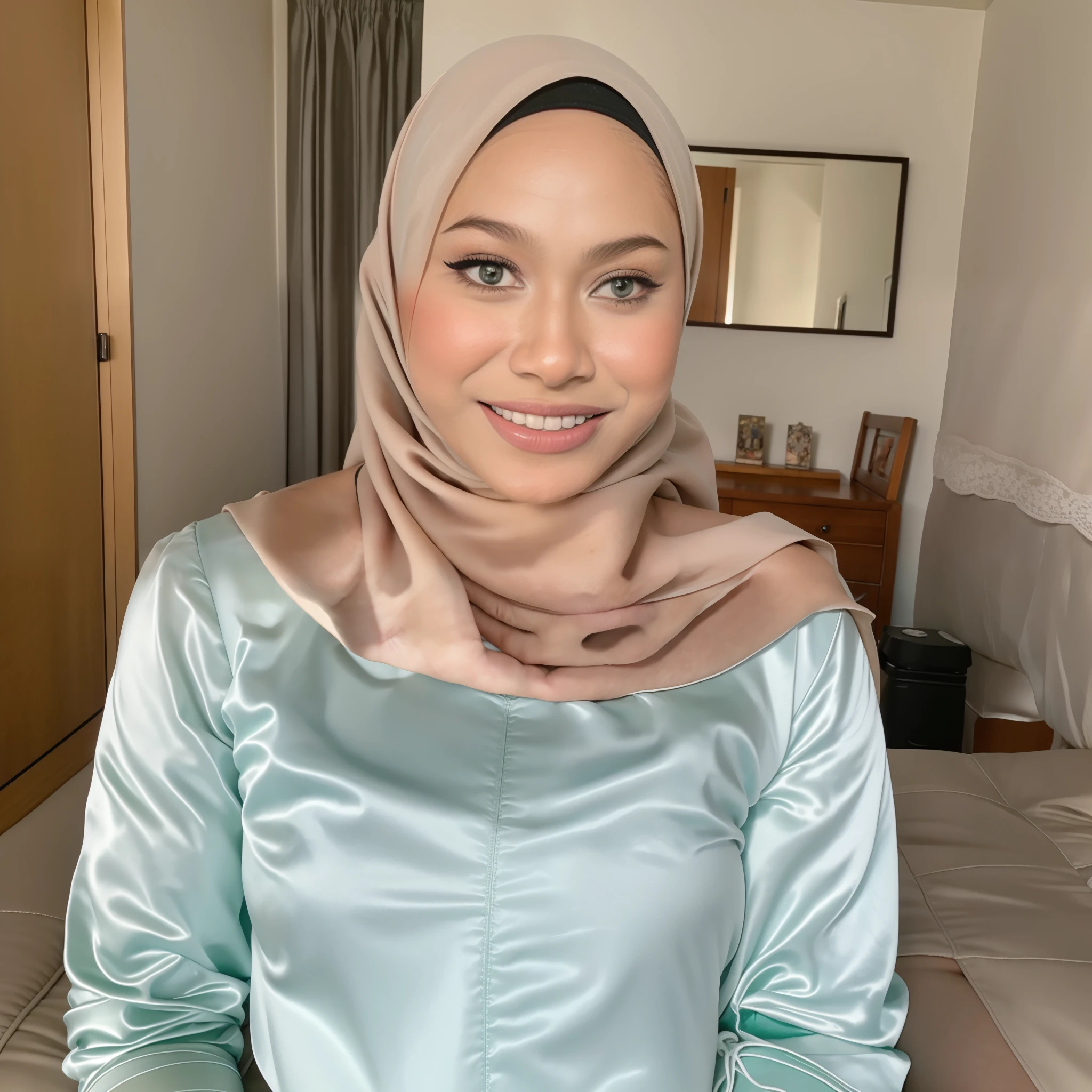 ((HIJAB & MINI SKIRT)), ((GREEN LINGERIE)), ((SHORT HIJAB)), Portrait photo of a matured chubby malay girl, curvy, (laughing:1.2), hijab,malaysian, posing, look at a camera, nerd, wear white shirt and short pleated skirt, full body, room background, big breast,nighttime, backlit, epic realistic, hyper detailed, detailed skin texture, mole below eye, natural skin texture, mole in body, insane details, intricate details, accent lighting, soft volumetric light, bokeh, (dramatic light:1.2), (neutral colors:1.3), cross process, living room background, ((detailed realistic face and eyes)), good lighting, 8K resolution, Legs Wide Open, spread Legs, lying on bed, Liquid from the Crotch, Blushing, fat,