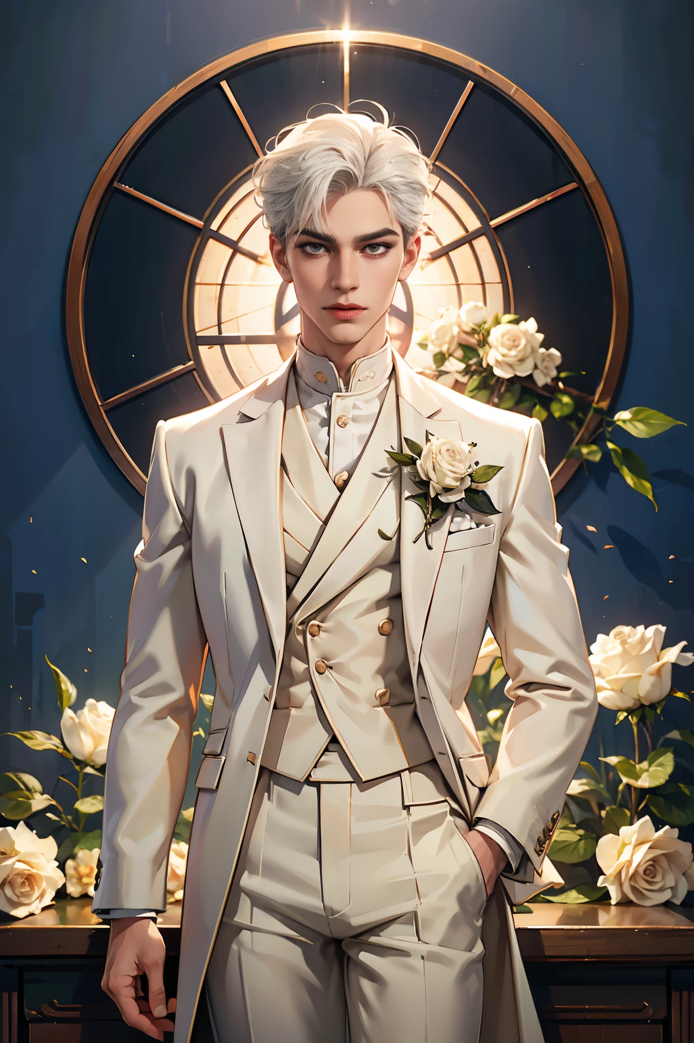 (best quality,HD,highres:1.2),detailed white-haired man in a white suit holding a rose,aesthetic gender-neutral prince,wearing neo-artcore and Charlie Bowater style,exquisite male character art, approaching perfection,Sony A7 IV shooting for HD quality,studio lighting,gentle blossoming of delicate flowers