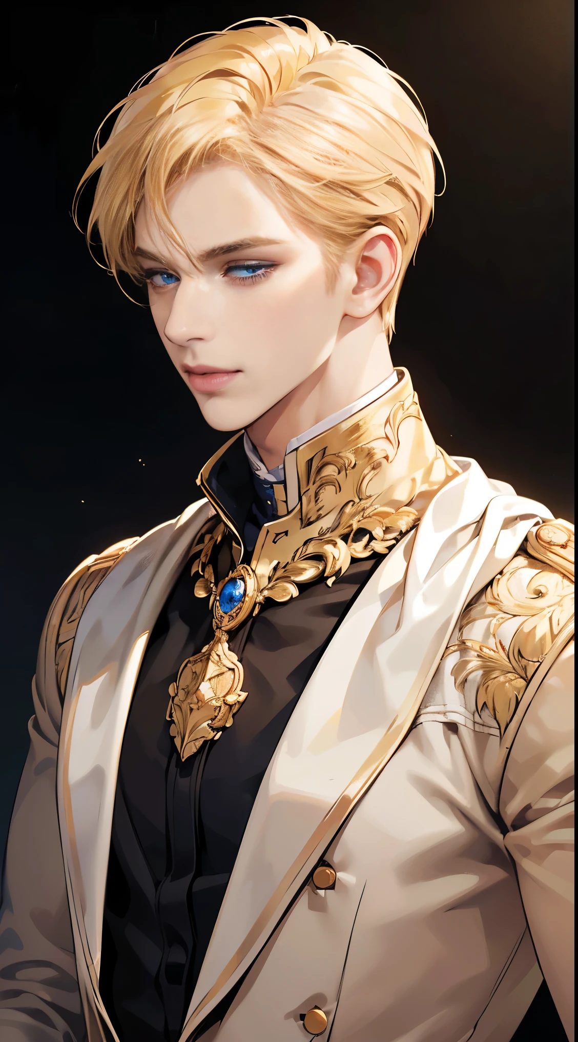 "best quality,8k,masterpiece,hdr,soft lighting,perfect image,digital illustration,comic art,photorealistic,detailed,perfect line,realistic,portrait" handsome man, blond hair with golden shine, deep blue eyes, sophisticated clothing (prince, confident posture, gentle smile), (golden shimmering black background, blurred)