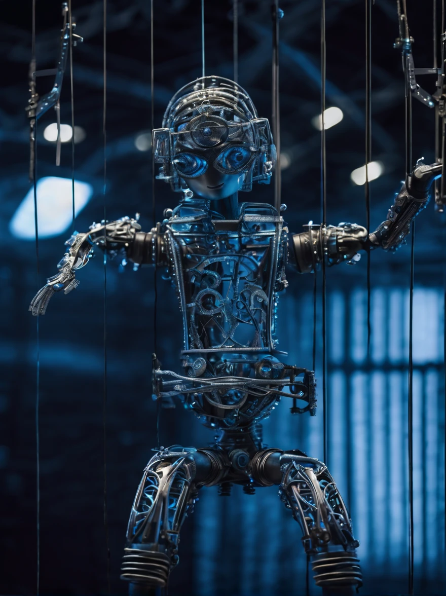 Image: **[Mechanical Puppet]** Descriptive keywords: *A metallic creature with intricate details and moving parts, resembling a marionette.* Photographic style: *Industrial and futuristic, with cold blue lighting highlighting the metallic textures.* Tone: *Mysterious and intriguing* Object: **[Mechanical Puppet]** Action: *The Mechanical Puppet is gracefully dancing with fluid movements, as if performing an elegant ballet.* Create an image of a Mechanical Puppet in an industrial and futuristic setting, captured in cold blue lighting, showcasing intricate metallic details. The tone should evoke a sense of mystery and intrigue, with the puppet gracefully dancing like a marionette brought to life.