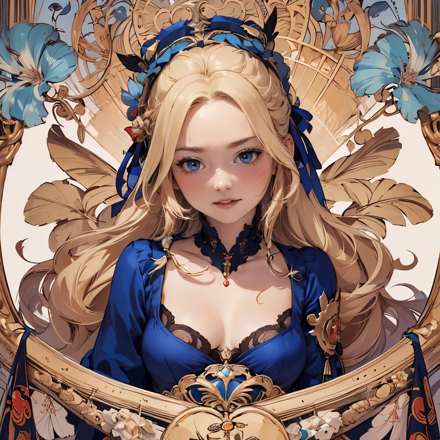 (high definition symmetrical art), aerial angle, ((Art-Nouveau, round face, smiling, small breasts)), drooping eyes, blush, blond, braid,