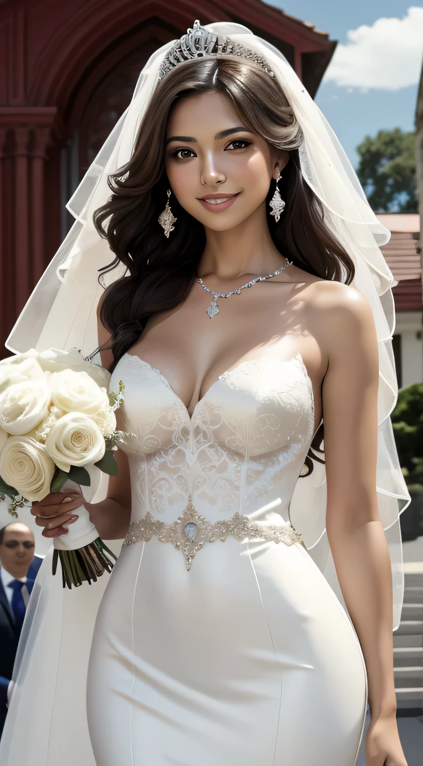 latino beautiful woman, smile, shiny skin, delicate face, medium shot best quality, masterpiece, (realistic: 1.4), luxury wedding dress, random hairstyle, perfect figure, small breasts, princess, in front of church ,,,