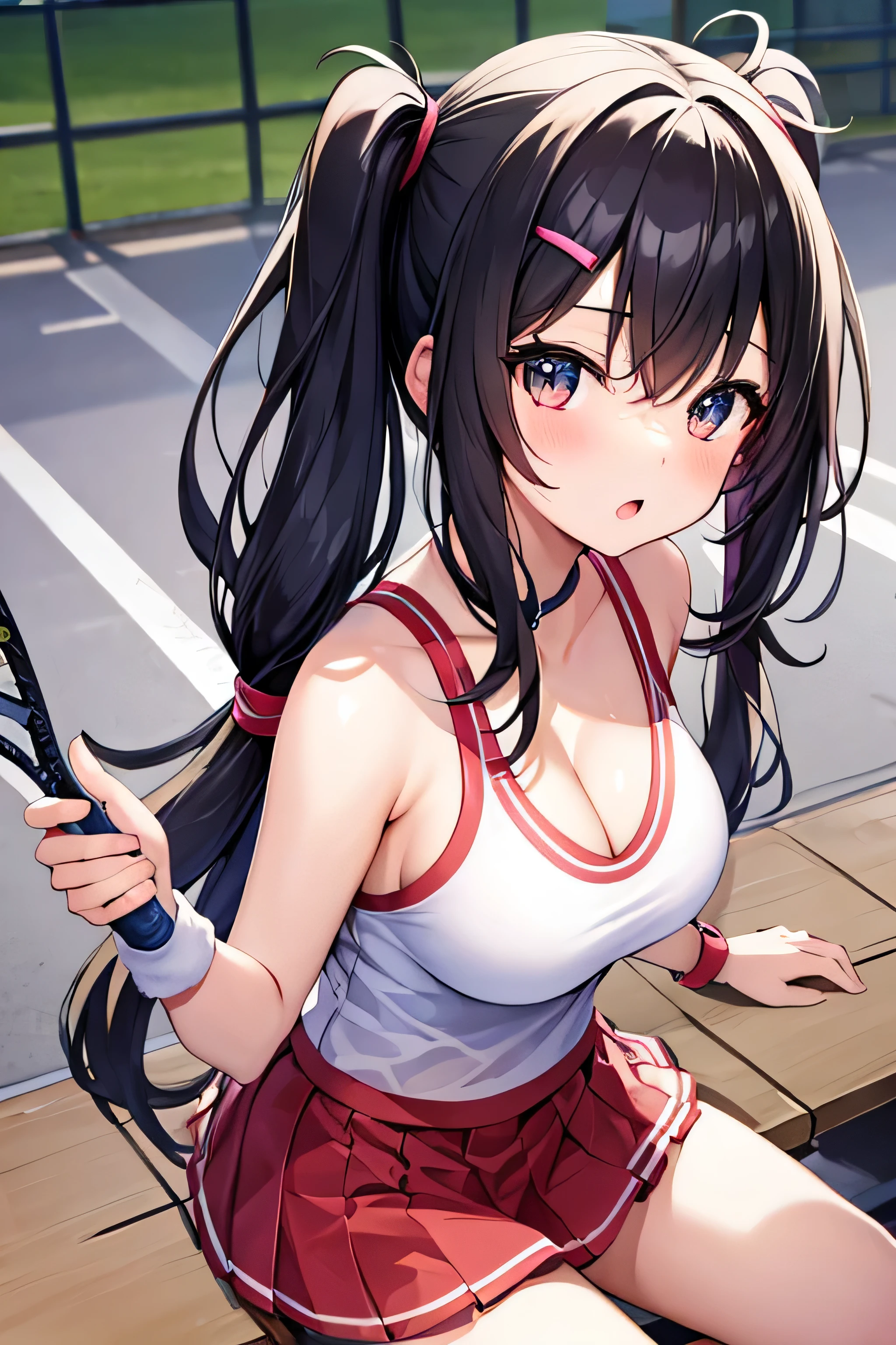 masterpiece、best image quality、ultra high resolution、 girl with big breasts、twin tail hairstyle、black hair、red face、shyly、Open your mouth just a little、Tennis wear for teenage girls that shows cleavage、tennis for teenagesitting on the bench、Tennis court