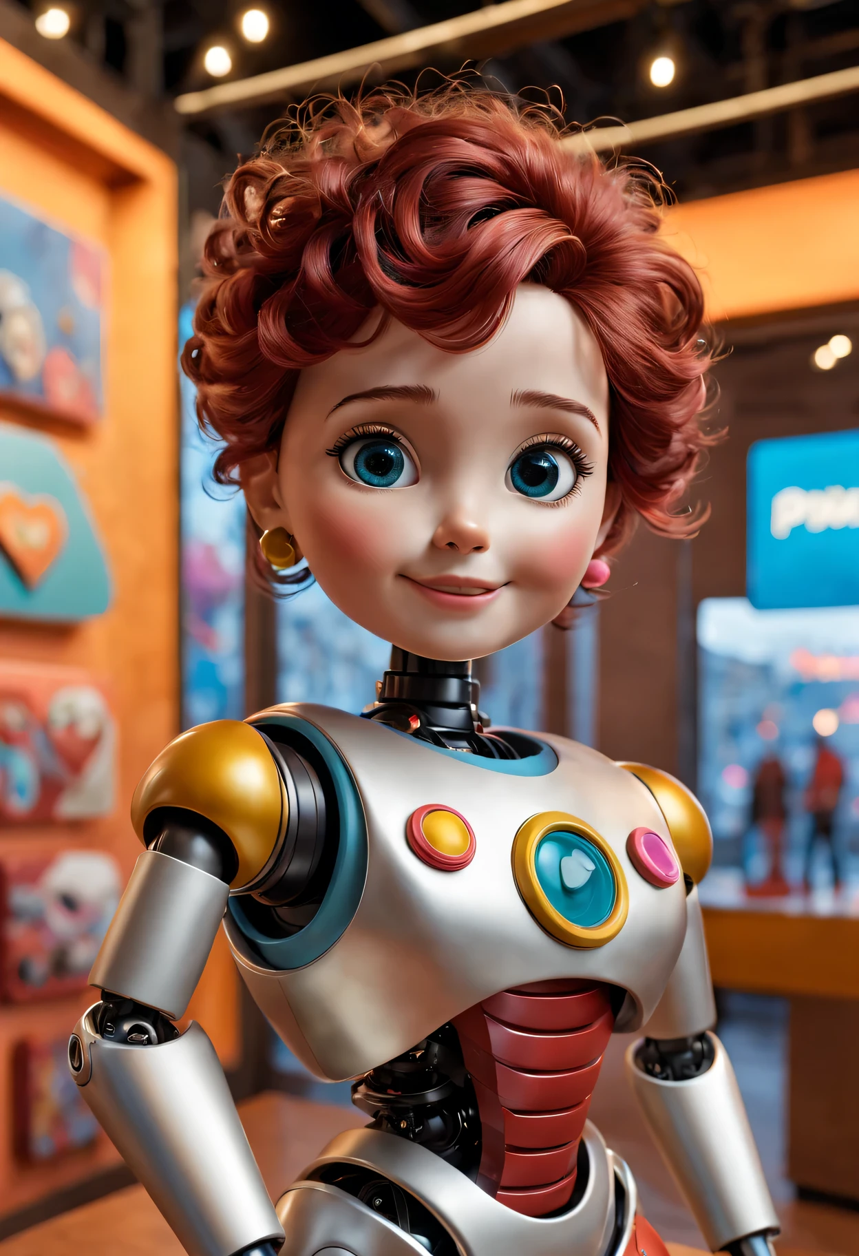 (best quality,4k,8k,high resolution,masterpiece:1.2),Super detailed,(actual,photoactual,photo-actual:1.37),Pixar style mechanical robot doll in display case,Playful and vibrant colors,showcase lighting,Careful and detailed facial expressions,Expressive and dynamic eyes,Cute and endearing smile,shiny metal body，Complex details,Dynamic and movable joints,Made of durable and high-quality materials,A whimsical and imaginative atmosphere,elevated on pedestal,Decorated with colorful、playful decorations,capturing the attention of onlookers,Background displays the iconic Pixar logo,Attract collectors and fans of all ages,Create a sense of nostalgia and wonder,Seeking to inspire creativity and joy in audiences