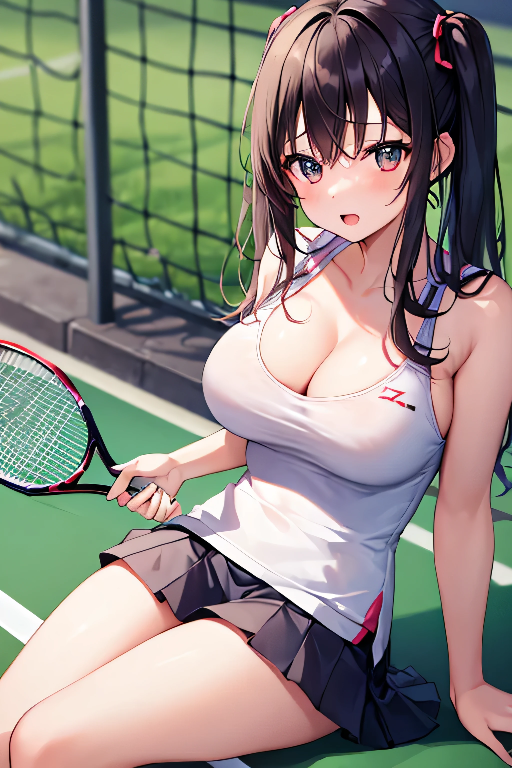 masterpiece、best image quality、ultra high resolution、 girl with big breasts、twin tail hairstyle、black hair、red face、shyly、Open your mouth just a little、Tennis wear for teenage girls that shows cleavage、tennis  for teenagesitting on the bench、Tennis court