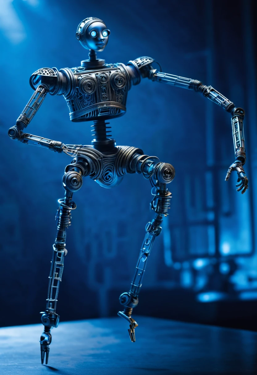 Image: **[Mechanical Puppet]** Descriptive keywords: *A metallic creature with intricate details and moving parts, resembling a marionette.* Photographic style: *Industrial and futuristic, with cold blue lighting highlighting the metallic textures.* Tone: *Mysterious and intriguing* Object: **[Mechanical Puppet]** Action: *The Mechanical Puppet is gracefully dancing with fluid movements, as if performing an elegant ballet.* Create an image of a Mechanical Puppet in an industrial and futuristic setting, captured in cold blue lighting, showcasing intricate metallic details. The tone should evoke a sense of mystery and intrigue, with the puppet gracefully dancing like a marionette brought to life.