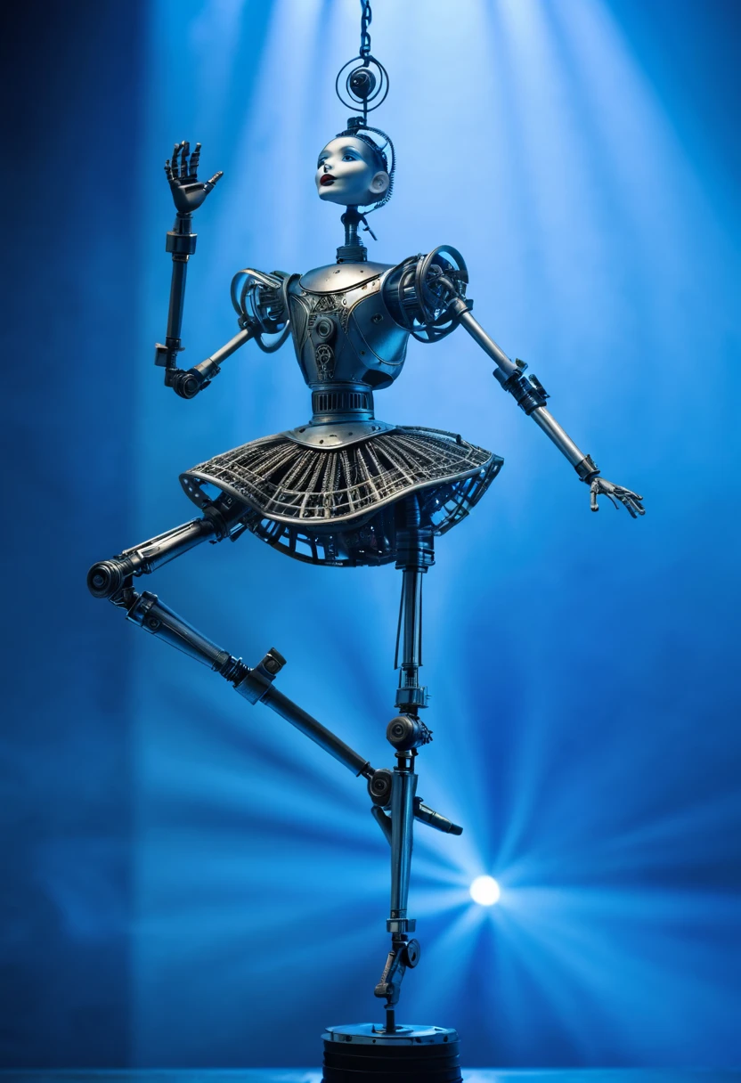 Image: **[Mechanical Puppet]** Descriptive keywords: *A metallic creature with intricate details and moving parts, resembling a marionette.* Photographic style: *Industrial and futuristic, with cold blue lighting highlighting the metallic textures.* Tone: *Mysterious and intriguing* Object: **[Mechanical Puppet]** Action: *The Mechanical Puppet is gracefully dancing with fluid movements, as if performing an elegant ballet.* Create an image of a Mechanical Puppet in an industrial and futuristic setting, captured in cold blue lighting, showcasing intricate metallic details. The tone should evoke a sense of mystery and intrigue, with the puppet gracefully dancing like a marionette brought to life.