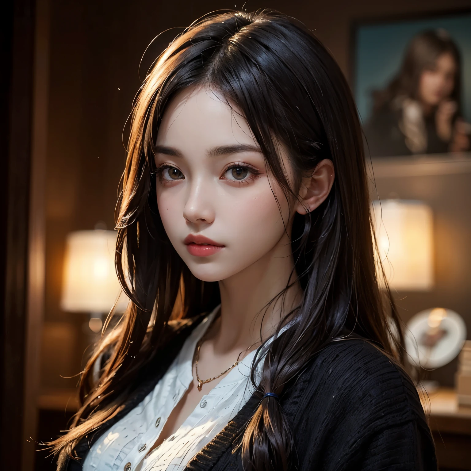 ((best quality)), ((masterpiece)), (detailed), perfect face, long hair, black hair, kimchi hair, Cardigan, bust