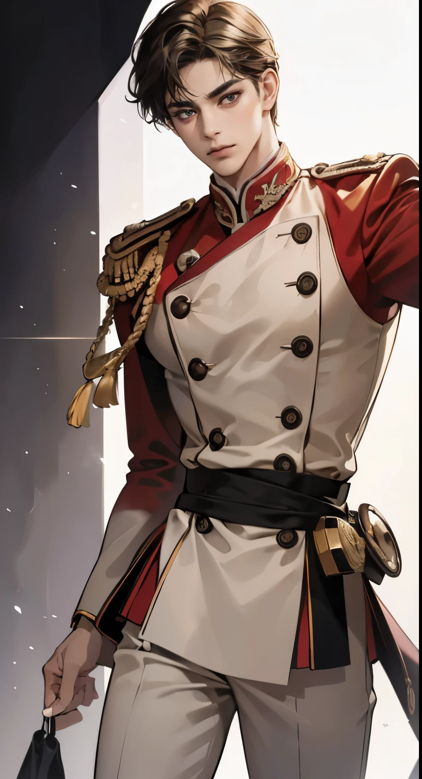 ( exaggerated, high resolution, high quality, high quality, masterpiece, top quality) male, wonderful, Short hair, 세밀한 눈과 세밀한 얼굴의 19세 male, strikingly handsome, sculpted jawline, deep eyes, full hair, modern hairstyle, military uniform, gold hairband, Dress, confident posture, High-end suits, Sleek design, silk fabric, custom made, Glossy finish, careful, elegant background, high resolution, realistic, vivid colors, dynamic lighting, Crisp Details