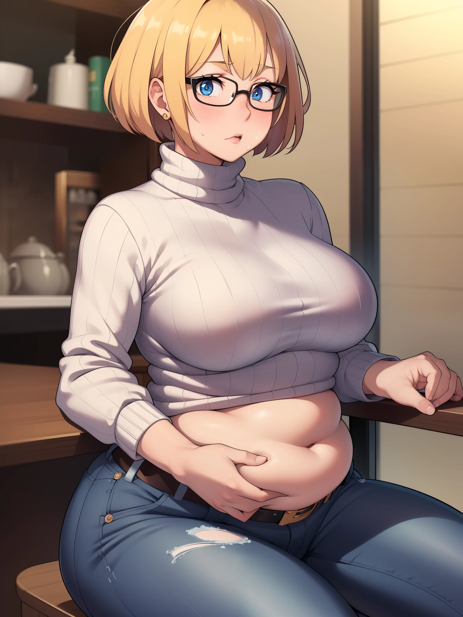 ((Masterpiece)), perfect anatomy, perfect shading, field of depth, (best quality), extremely delicate and beautiful, perfect lighting, detailed face, ultra cute face, cute, (cowboy shot 1.2), turned to the side, (((1girl))), ((solo)), looking at viewer,

short hair, fluffy hair, blonde hair, blue eyes, Glasses, ((Blush)), shy, nervous, sweating, (black turtleneck sweater 1.5), (jeans 1.2), belt, extremely tight clothes, medium breasts, ((wide hips)), ((thick thighs)), ((chubby)), chubby belly

coffee shop, sitting, intricate background, detailed background,