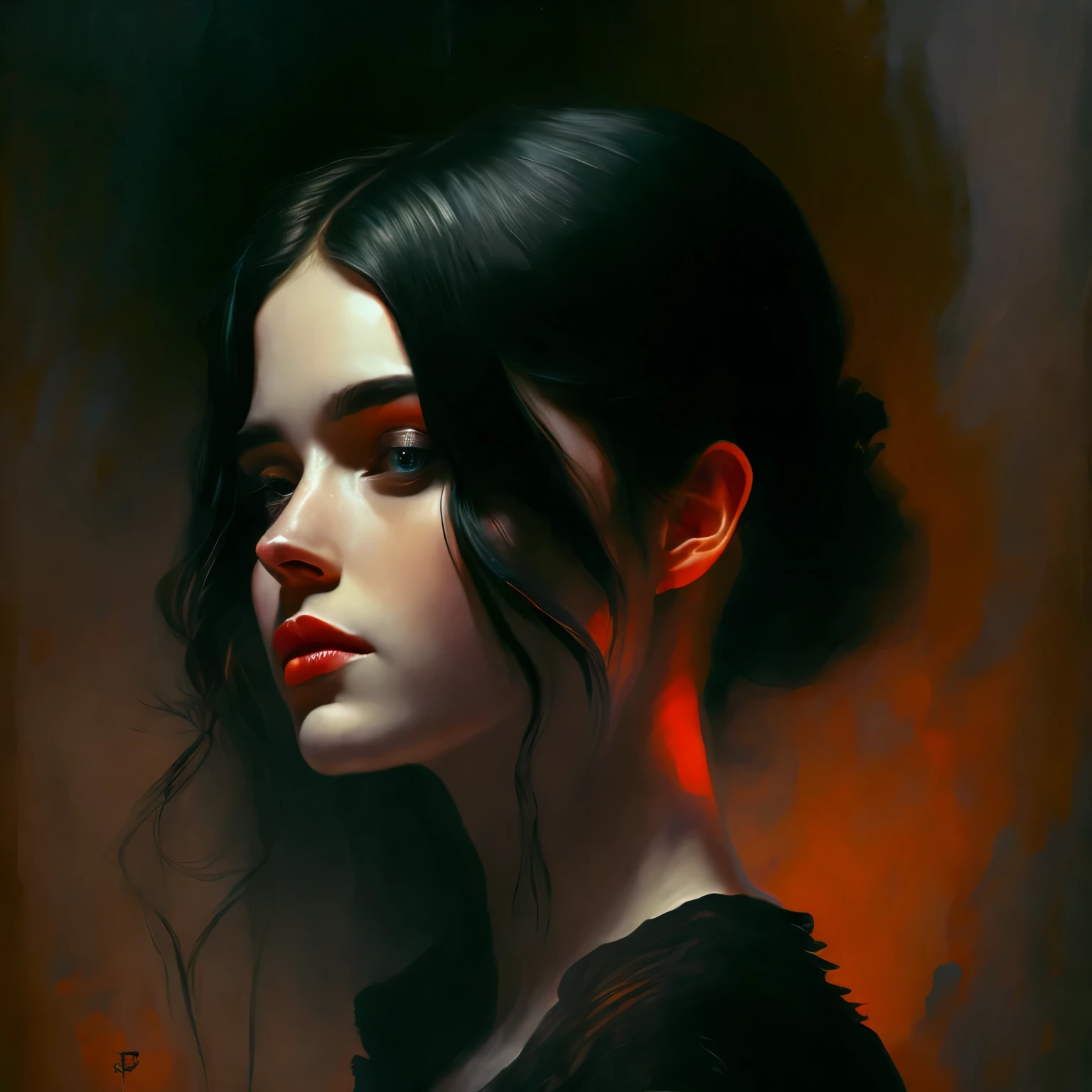 Estilo evocativo de Casey Baugh, a beautiful and exciting girl emerges from the depths of darkness, its essence a captivating mix of mystery and fascination. With piercing eyes and flowing black hair, she exudes an enigmatic presence that draws viewers into her world. Baugh&#39;s brushwork infuses the painting with a unique combination of realism and abstraction., highlighting the delicate features of and contrasting them against a backdrop of deep, rich tones. The interplay of light and shadow adds depth and dimension to the artwork, creating a hauntingly beautiful portrait of this gothic muse. Baugh&#39;s distinctive style captures the essence of the enigmatic nature of , convidando os espectadores a explorar as profundezas de sua alma, nsfw, retratos, estilo de arte de retrato, 1 garota, tinta