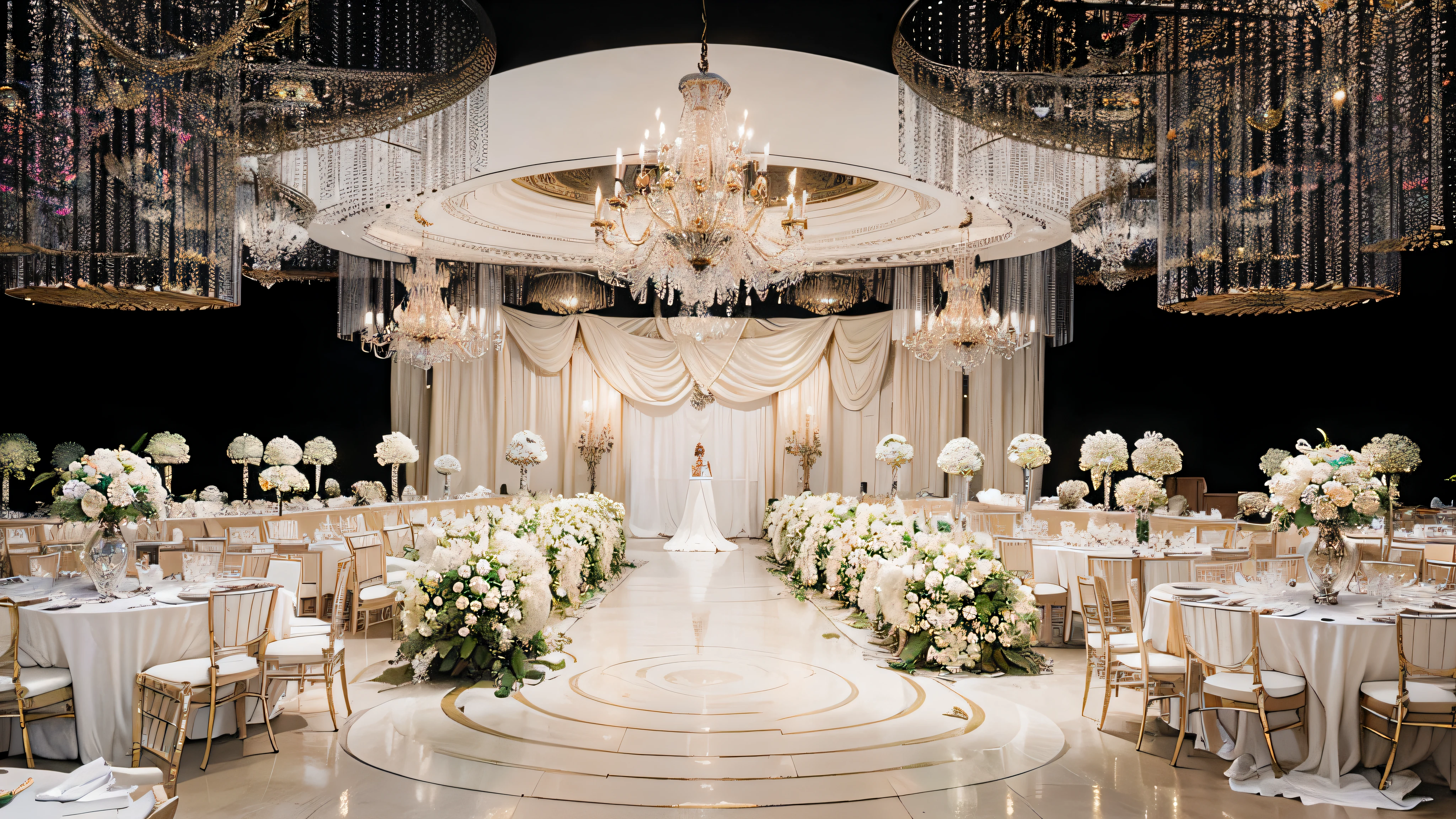 opulent ,Beautiful rendering,hyper HD,Hyper-realistic,With crystal chandelier,French wedding scene,CG rendering,lavishly decorated,enscape render,,Luxurious crystal ceiling,Wedding,opulent,high qulity,with details,Oil painting feeling,florals,