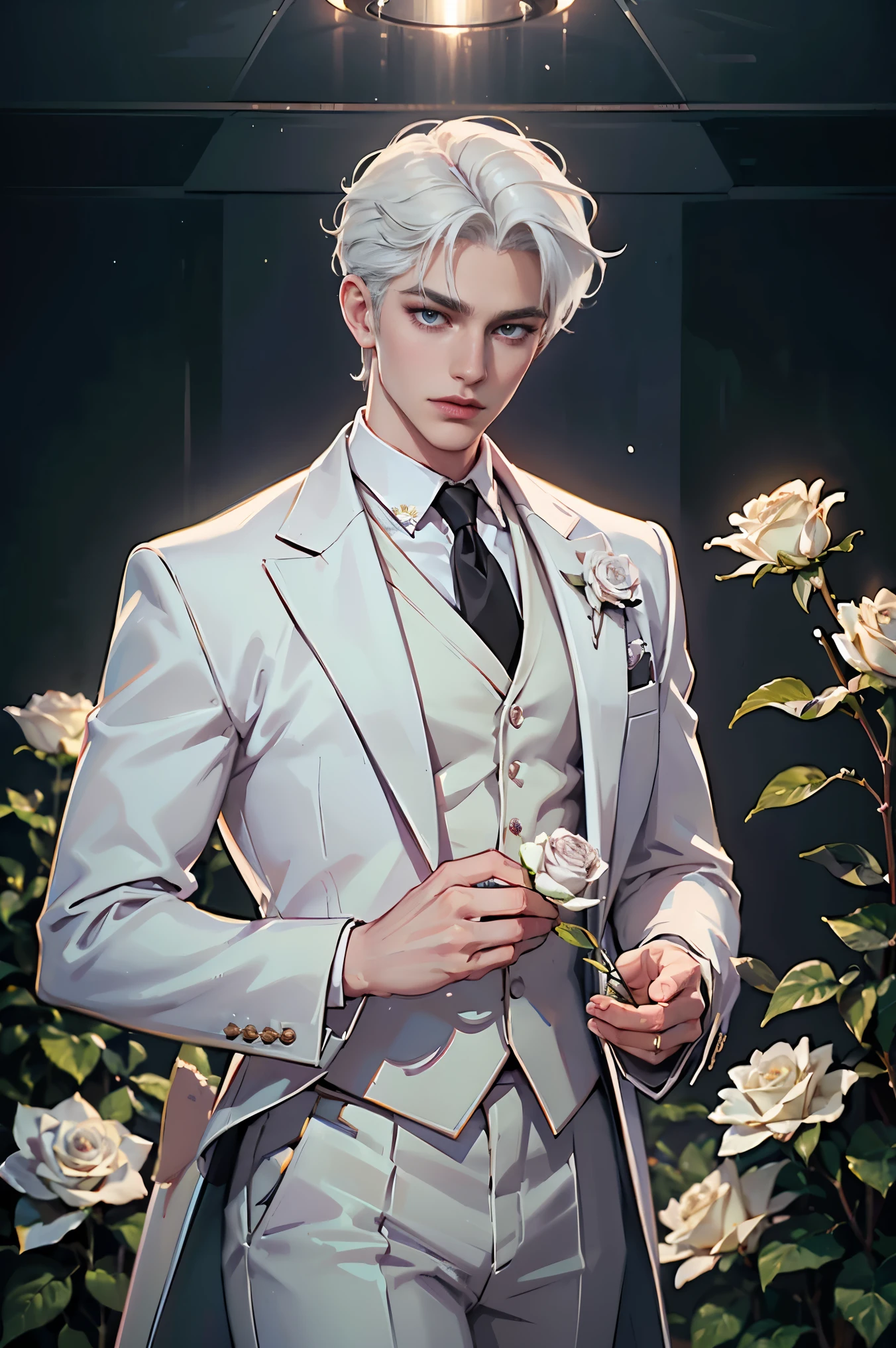 (best quality,HD,highres:1.2),detailed white-haired man in a white suit holding a rose,aesthetic gender-neutral prince,wearing neo-artcore and Charlie Bowater style,exquisite male character art, approaching perfection,Sony A7 IV shooting for HD quality,studio lighting,gentle blossoming of delicate flowers