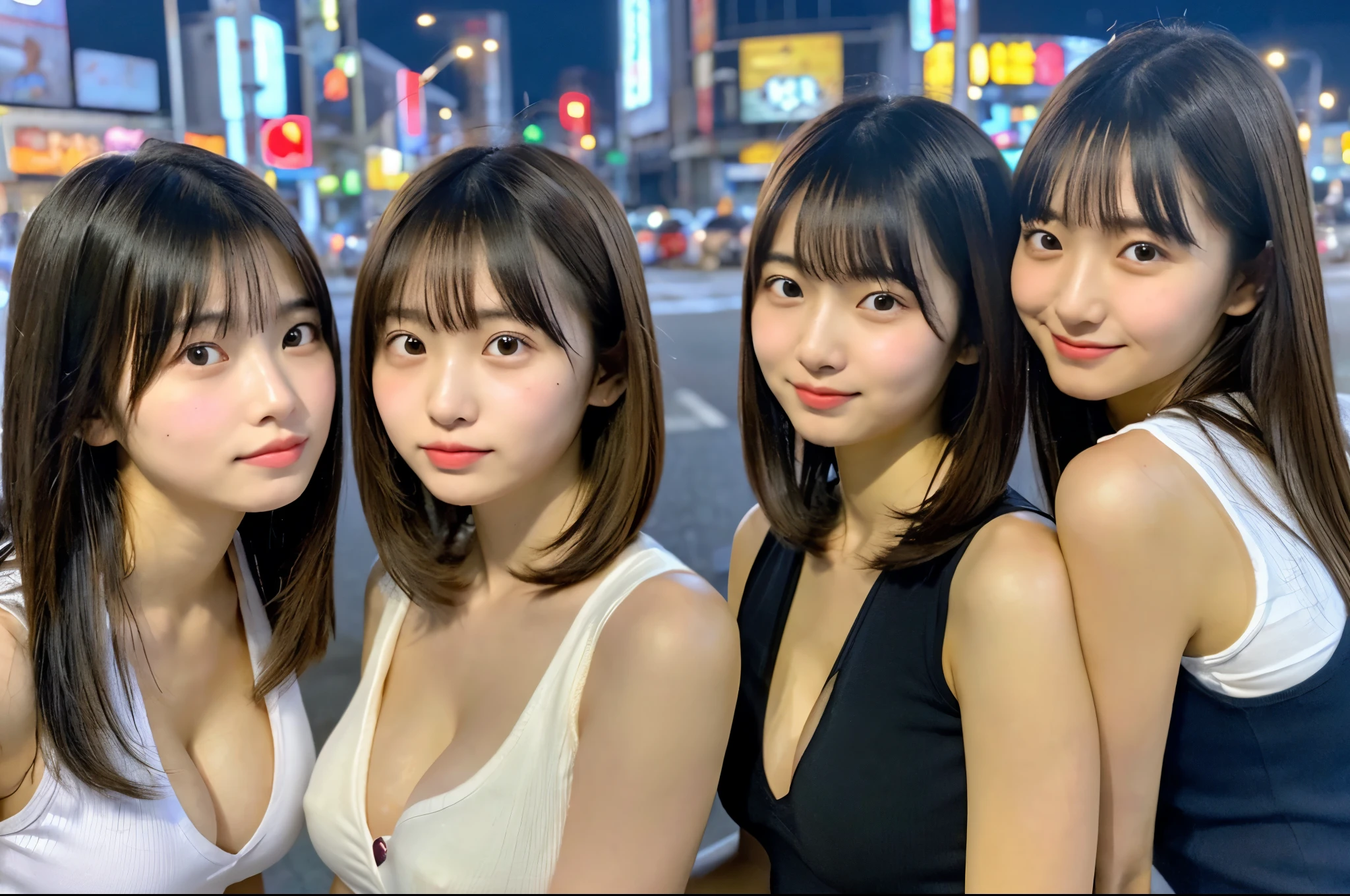Super detailed super high quality super high quality surreal photograph Three Japan Girls (Each girl has a randomly different hairstyle、different face:1.3) play with funny faces Fair skin ((half-open lips:1.3)) beautiful and soft skin ((Beautifully styled straight short hair)) beautiful and perfect body very cute A beautiful and transparent young man々new skin 16 years oldl girl wearing a sleeveless shirt) big breasts whole body everyday city busy city ((night)) viewer'perspective Front view (big breasts:1.3) (cleavage) (amazingly cute girl:1.3) (whole bodyポートレート)