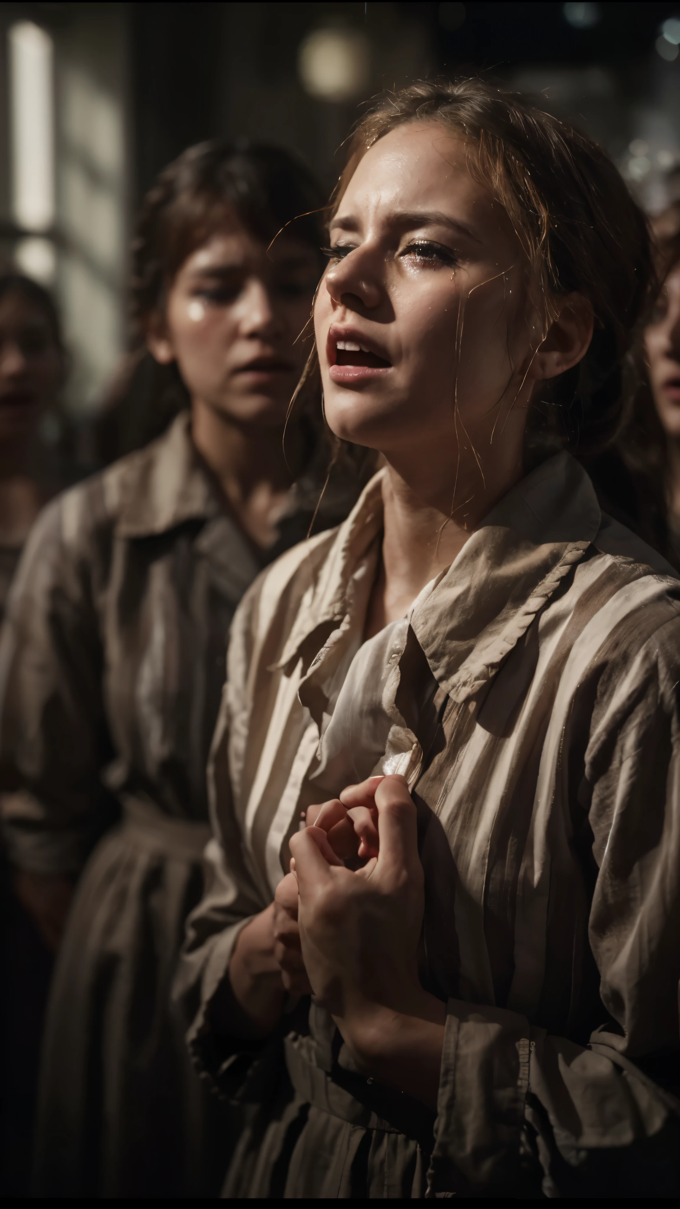 um grupo de pessoas ao lado um do outro, maquiagem chorando, detailed cinematic photography, camp, filmado em sony a 7 iii, mulher jovem em um vestido, captura de tela oficial, front lighting, equipamento de teatro, coro, snapshot image, Luto, in costume, perda
