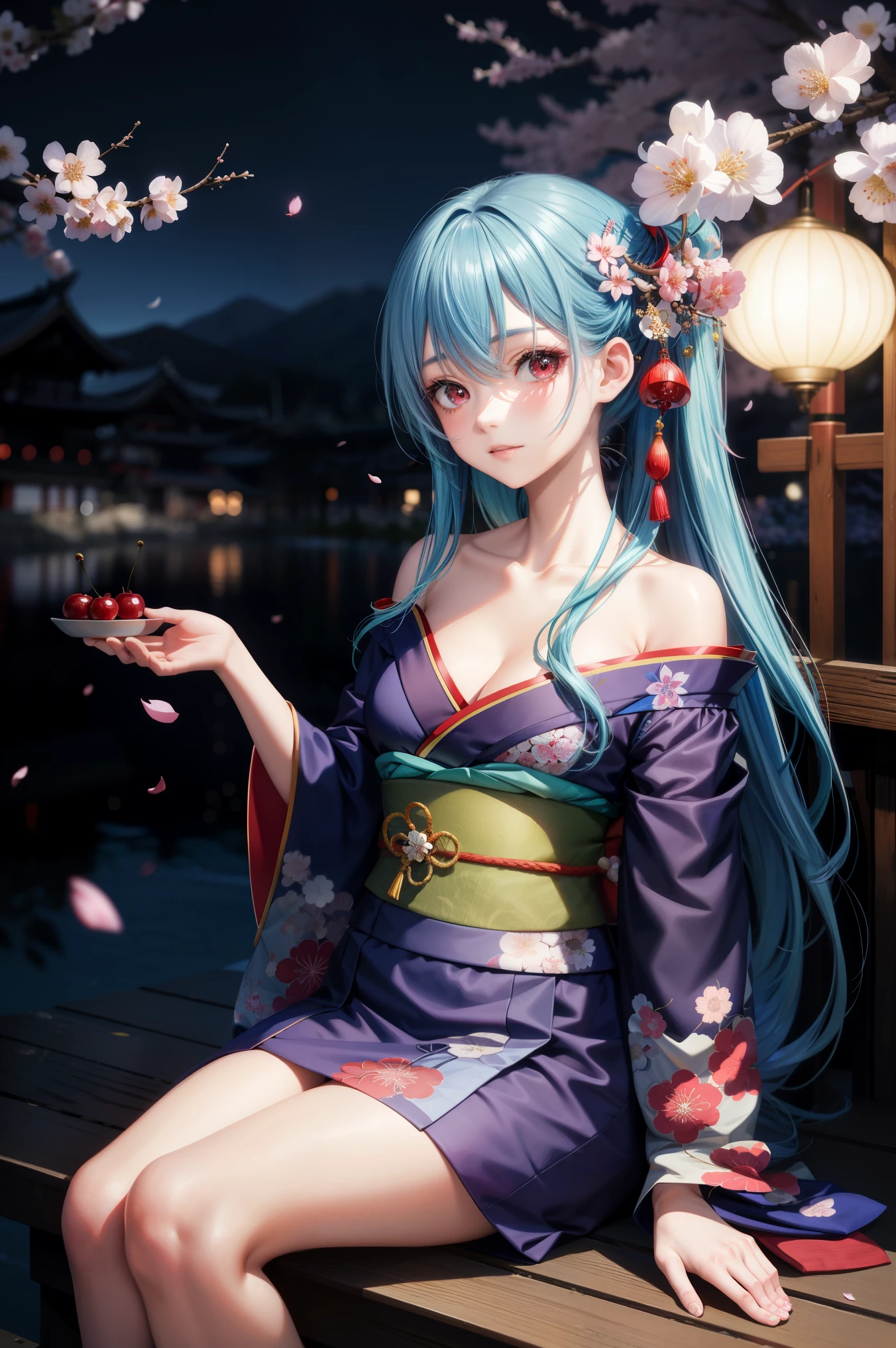 anime, one girl, blue hair, Hair is tangled, red eyes, Kyoto, cherry blossoms、petal、moon, kimono, off shoulder, sitting, alone,