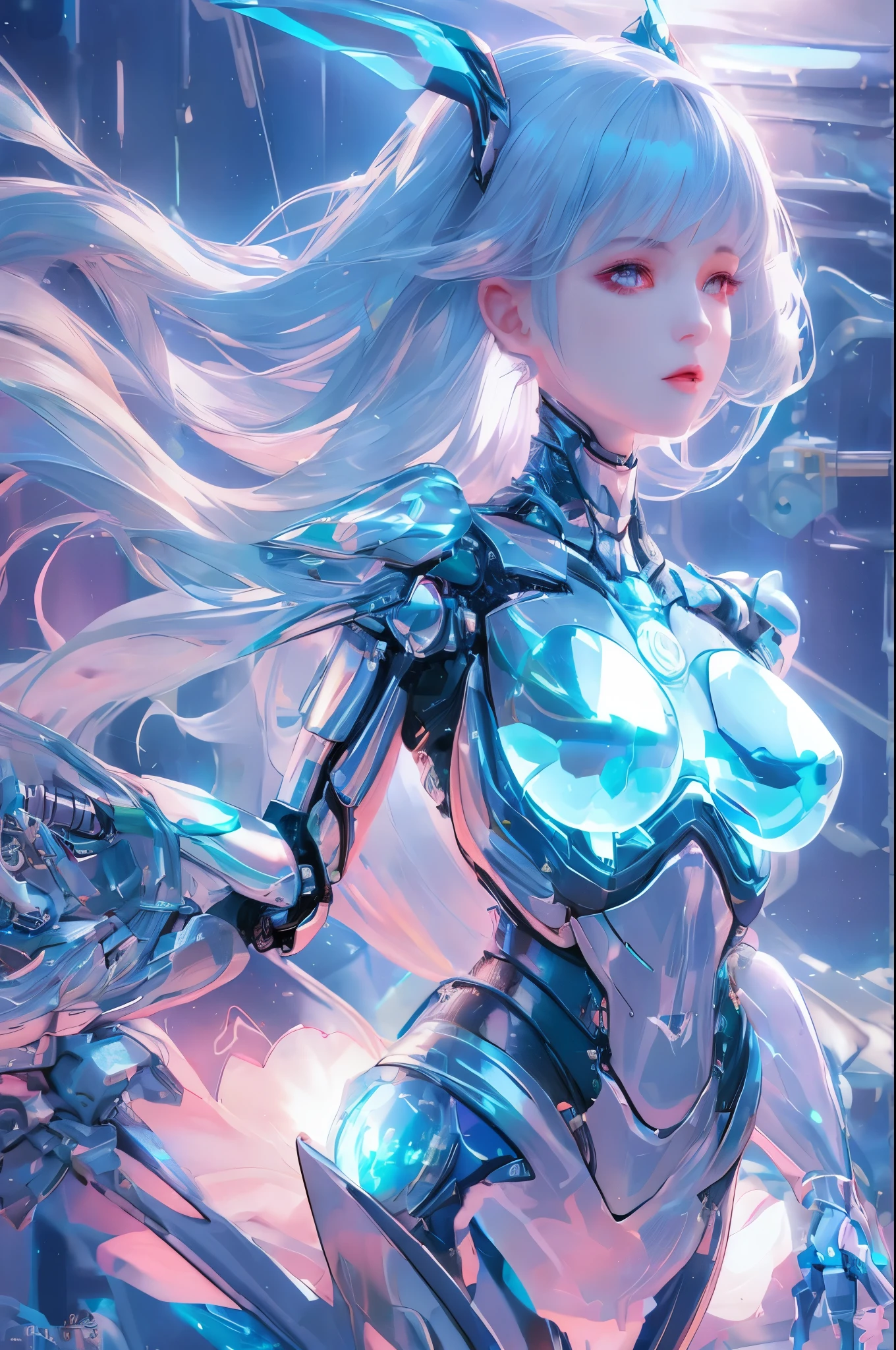mechanical girl,Mechanical arm,Mechanical head,full-body shot, fantastic colors, close up, reflective transparent iridescent colors,soft lighting/ soft light, high detail, ultra high definition
