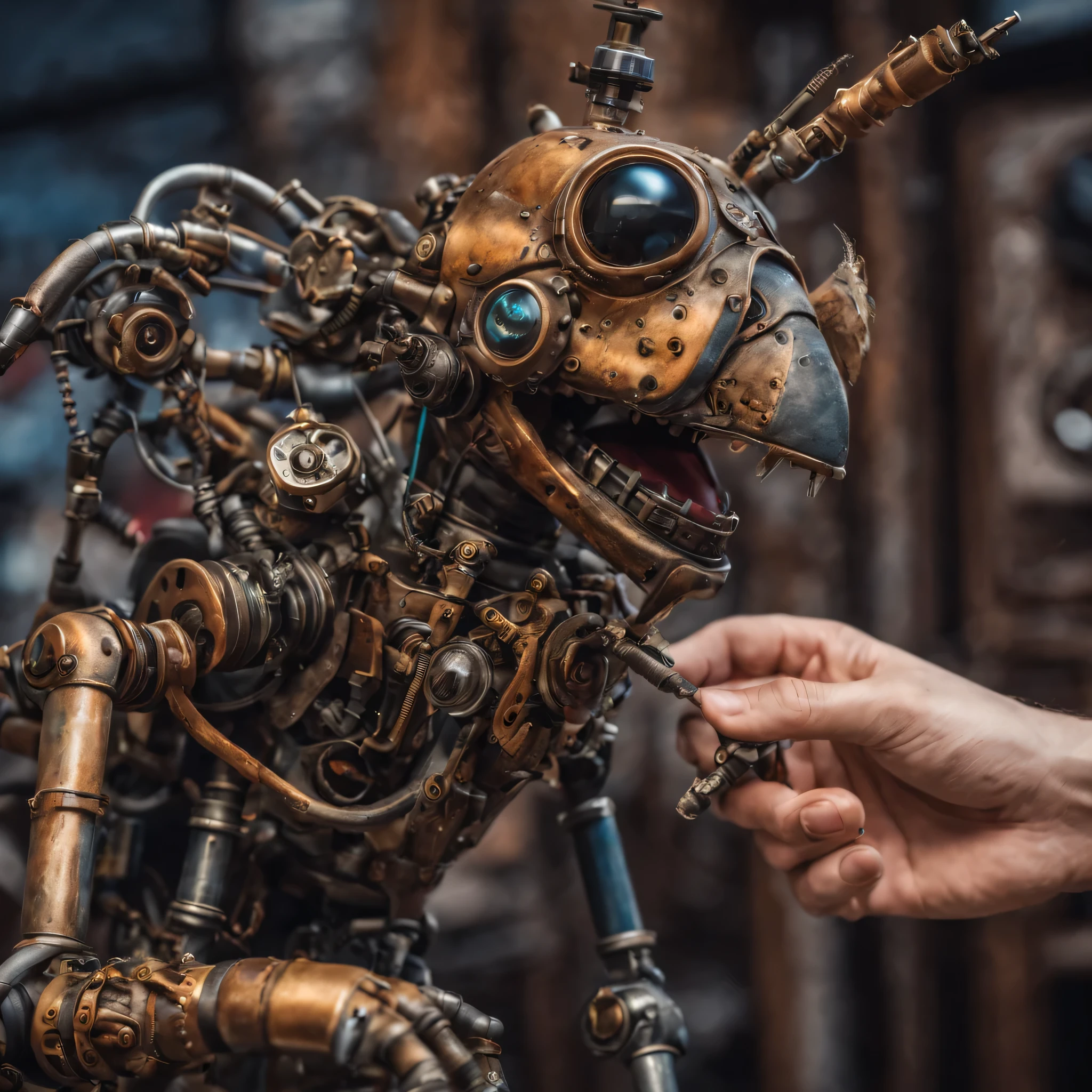 Realistic photo, sci-fi,steampunk, mechanical puppet, strange creature, mechanical creature, strange mechanical creature, human playing with toy (mechanical creature puppet), very detailed, HDR, raw photo, 8k, dof,