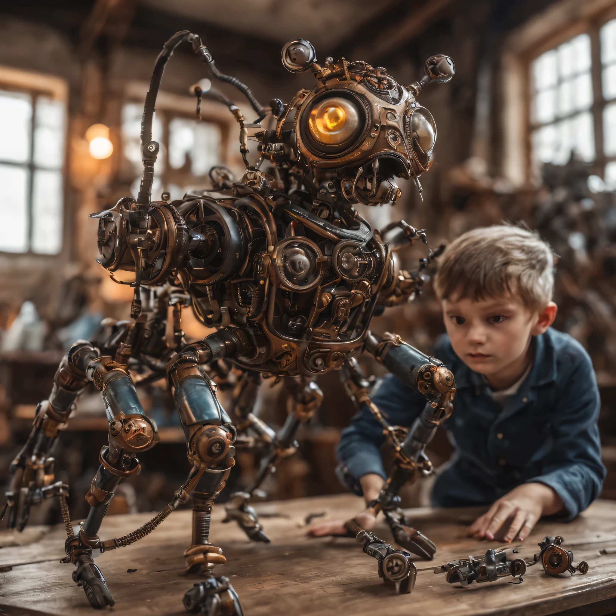Realistic photo, sci-fi,steampunk, mechanical puppet, strange creature, mechanical creature, strange mechanical creature, human children playing with toy (mechanical creature puppet), very detailed, HDR, raw photo, 8k, dof,