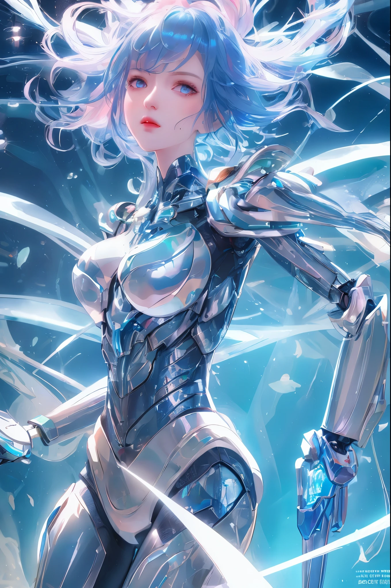 mechanical girl，Mechanical arm，Mechanical head，full-body shot, fantastic colors, close up,  reflective transparent iridescent colors,soft lighting/ soft light, high detail, ultra high definition，stand