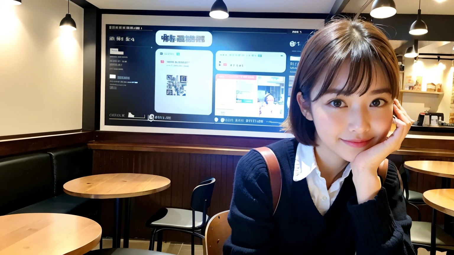 (最high quality、8k、32K、masterpiece:1.2)、A photo of a female college student who looks like a cute model、normal breasts、short bob hair、Upper body、face focus、extra large_sweater、necklace、look at the audience、background a trendy coffee shop with a unique aesthetic and atmosphere. Incorporate elements like modern furniture, artistic decoration, and ambient lighting to enhance the ambiance. People who enjoy drinks々Consider including, engaging in conversation, or quietly working on laptops. Let your creativity flow、In this chic café setting「stable diffusion」Let the idea come to life, I can see other customers enjoying themselves too..。At the back of the cafe、Staff are busy working at the counter.、Feel the vibrancy and warmth of a city cafe.., sharp focus, 1 girl, sexy 1.2, brown hair, With bangs, fine eyes, Beautiful eyes with long slits, double eyelid, (cat face), (cute Face), cute Smile, (close your mouth), (cute), soft skin, surreal, Super detailed, high quality, (Beautiful female college student with short hair studying in a cafe), ((詳細な非常にcute女子大生),
