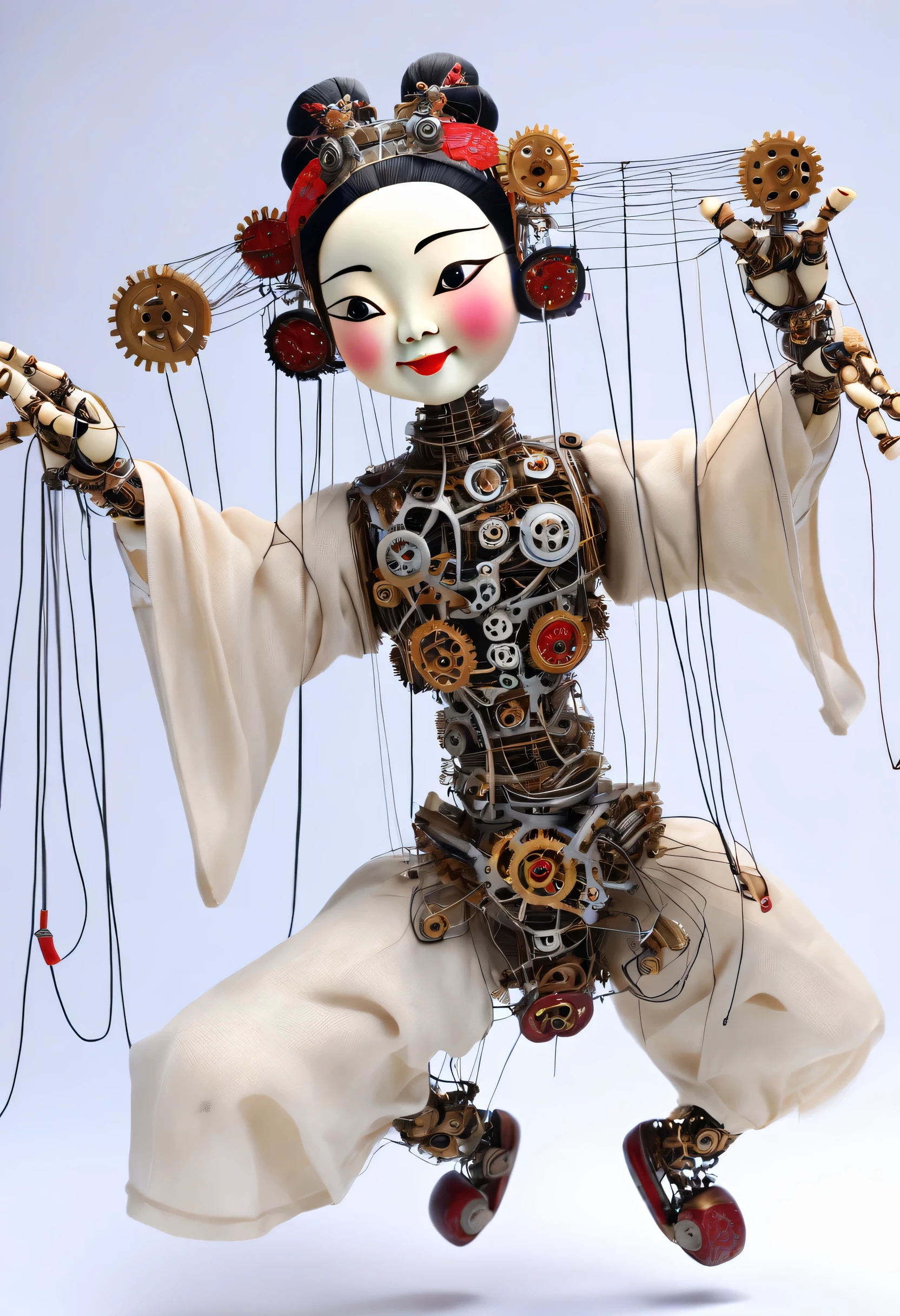 Mechanical doll design，（whole body），（Mechanically made string puppet Chinese Hanfu doll playing electronic keyboard），Chinese folk art，a puppet-like figure，Operated by a rope from above or a string tied to the controller.，leg、hand、Tie a wire to each shoulder, ears and base of spine，Artists use strings to pull puppets to complete various movements and expressions，Make puppets vivid and interesting。The shape and structure of string puppets are relatively complex，There are gears and wires，do body，puppet head、Cage belly、limbs and lifting lines, ETC.，running and dance moves，laughing out loud，Sing out loud，