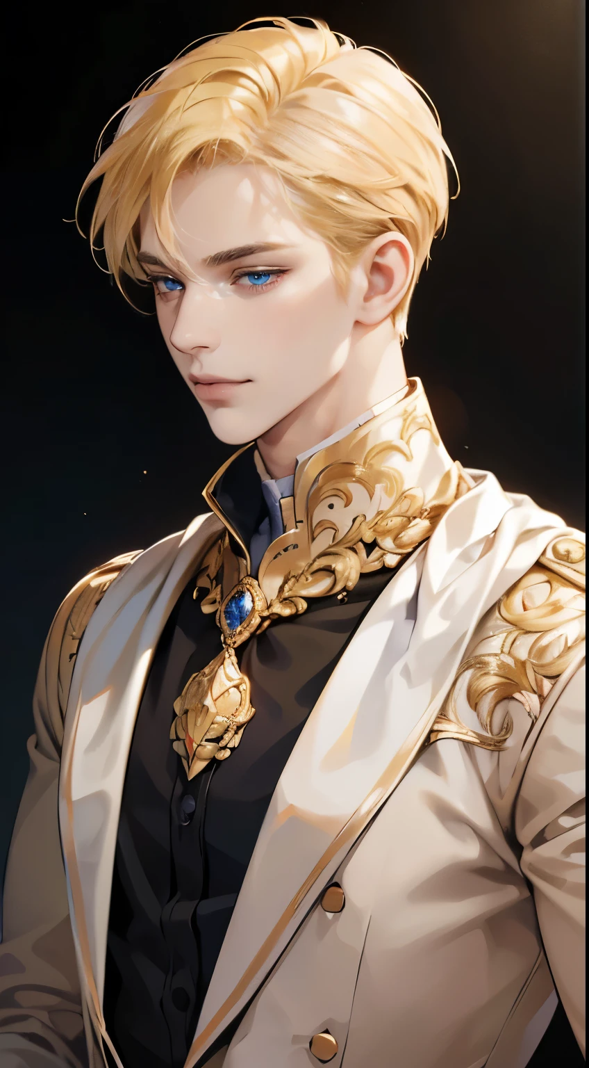"best quality,8k,masterpiece,hdr,soft lighting,perfect image,digital illustration,comic art,photorealistic,detailed,perfect line,realistic,portrait" handsome man, blond hair with golden shine, deep blue eyes, sophisticated clothing (prince, confident posture, gentle smile), (golden shimmering black background, blurred)
