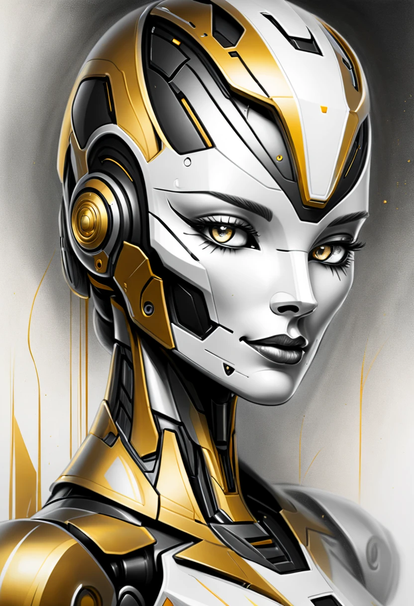 ,(character sketch:1.1),(charcoal drawing:1.2),Sketch,(pencil drawing:1.3),Charcoal painting style,Black -white-gold ,character sketch, high resolution, 1womanl, Solo, (Detailed face), kda,bioluminic, Black and white and gold colors galactic cybernetic mask, (abstracted, Make a sketch of a robot with high technology:1.5), Part description, SH4G0D,
