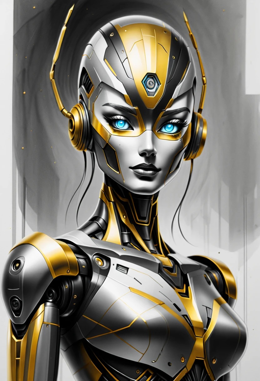 ，(character sketch:1.1)，(charcoal drawing:1.2)，Sketch，(pencil drawing:1.3)，Charcoal painting style，Black -white-gold ，character sketch, high resolution, 1womanl, Solo, (Detailed face), kda，bioluminic, Black and white and gold colors galactic cybernetic mask, (abstracted, Make a sketch of a robot with high technology:1.5), Part description, SH4G0D,