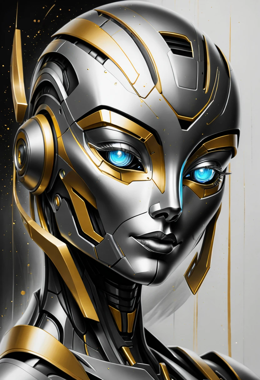 ,(character sketch:1.1),(charcoal drawing:1.2),Sketch,(pencil drawing:1.3),Charcoal painting style,Black -white-gold ,character sketch, high resolution, 1womanl, Solo, (Detailed face), kda,bioluminic, Black and white and gold colors galactic cybernetic mask, (abstracted, Make a sketch of a robot with high technology:1.5), Part description, SH4G0D,