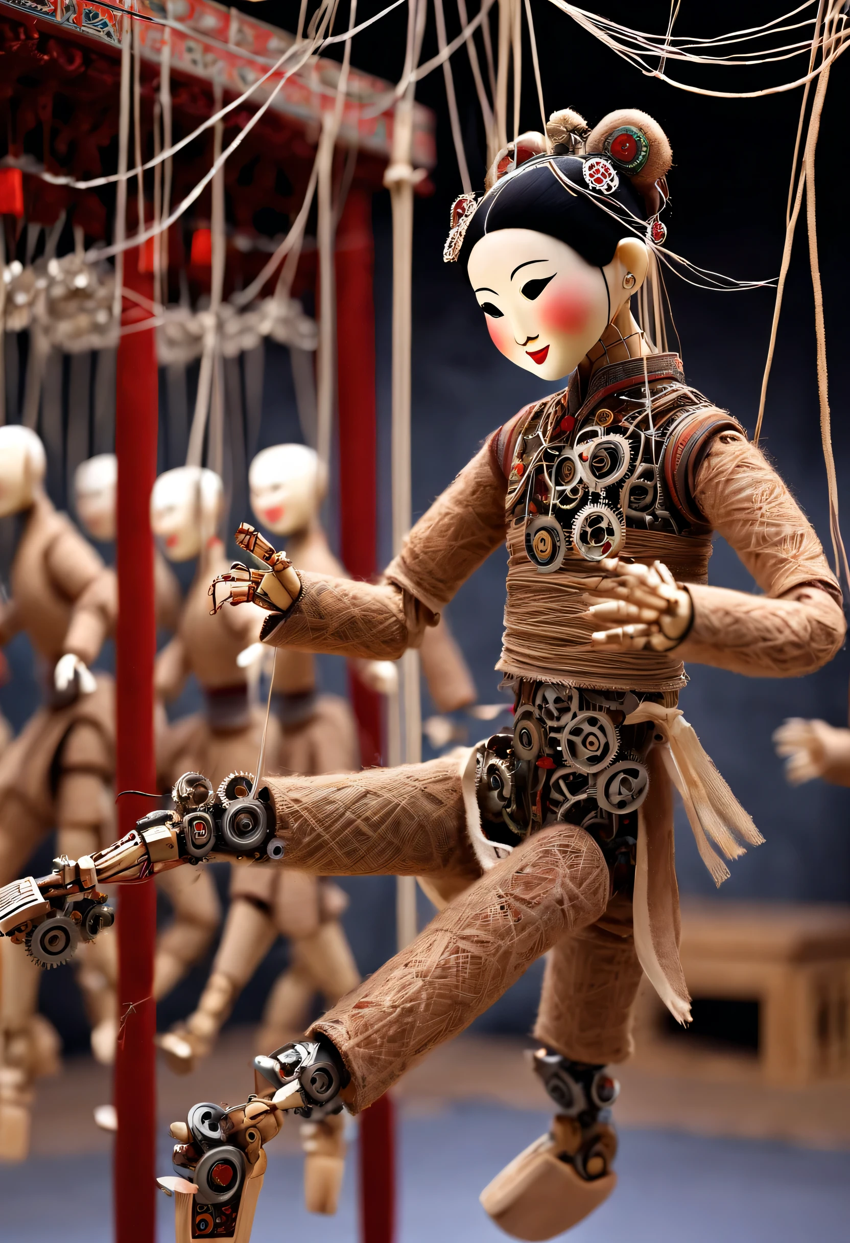 Mechanical doll design，（whole body），（Mechanically made string puppet Chinese Hanfu doll playing electronic keyboard），Chinese folk art，a puppet-like figure，Operated by a rope from above or a string tied to the controller.，leg、hand、Tie a wire to each shoulder, ears and base of spine，Artists use strings to pull puppets to complete various movements and expressions，Make puppets vivid and interesting。The shape and structure of string puppets are relatively complex，There are gears and wires，do body，puppet head、Cage belly、limbs and lifting lines, ETC.，running and dance moves，laughing out loud，Sing out loud，