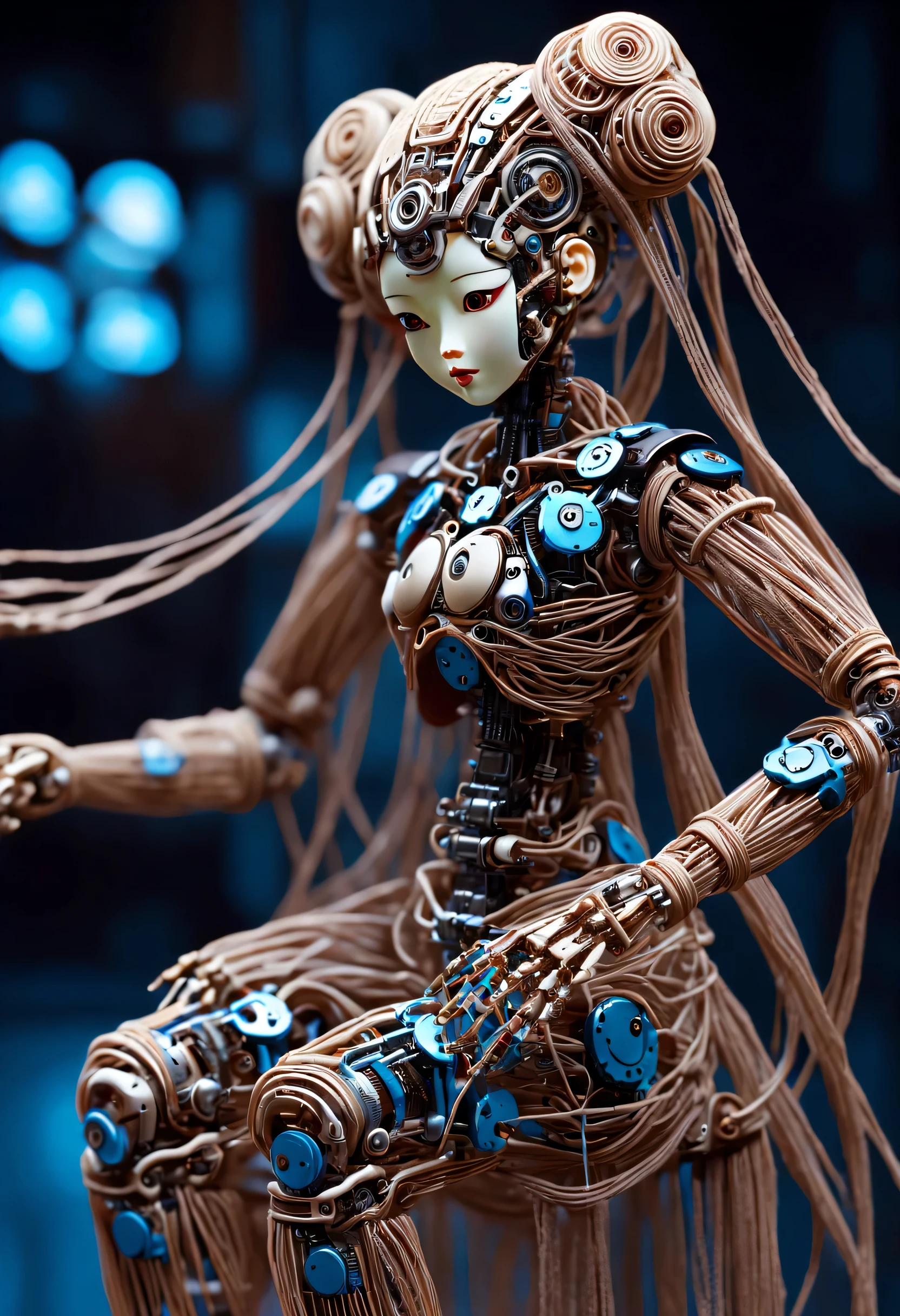 Mechanical doll design，（whole body），（Mechanical string puppet Hanfu doll playing electronic keyboard：0.98），Puppet shaped character，Controlled by a rope above or a thin wire tied to the controller.，The shape and structure of string puppets are relatively complex，Make the body from gears and wires，head、Stomach、Every part of the limbs and instrument is mechanically constructed，Make puppets vivid and interesting。cyberpunk style，Future steampunk，