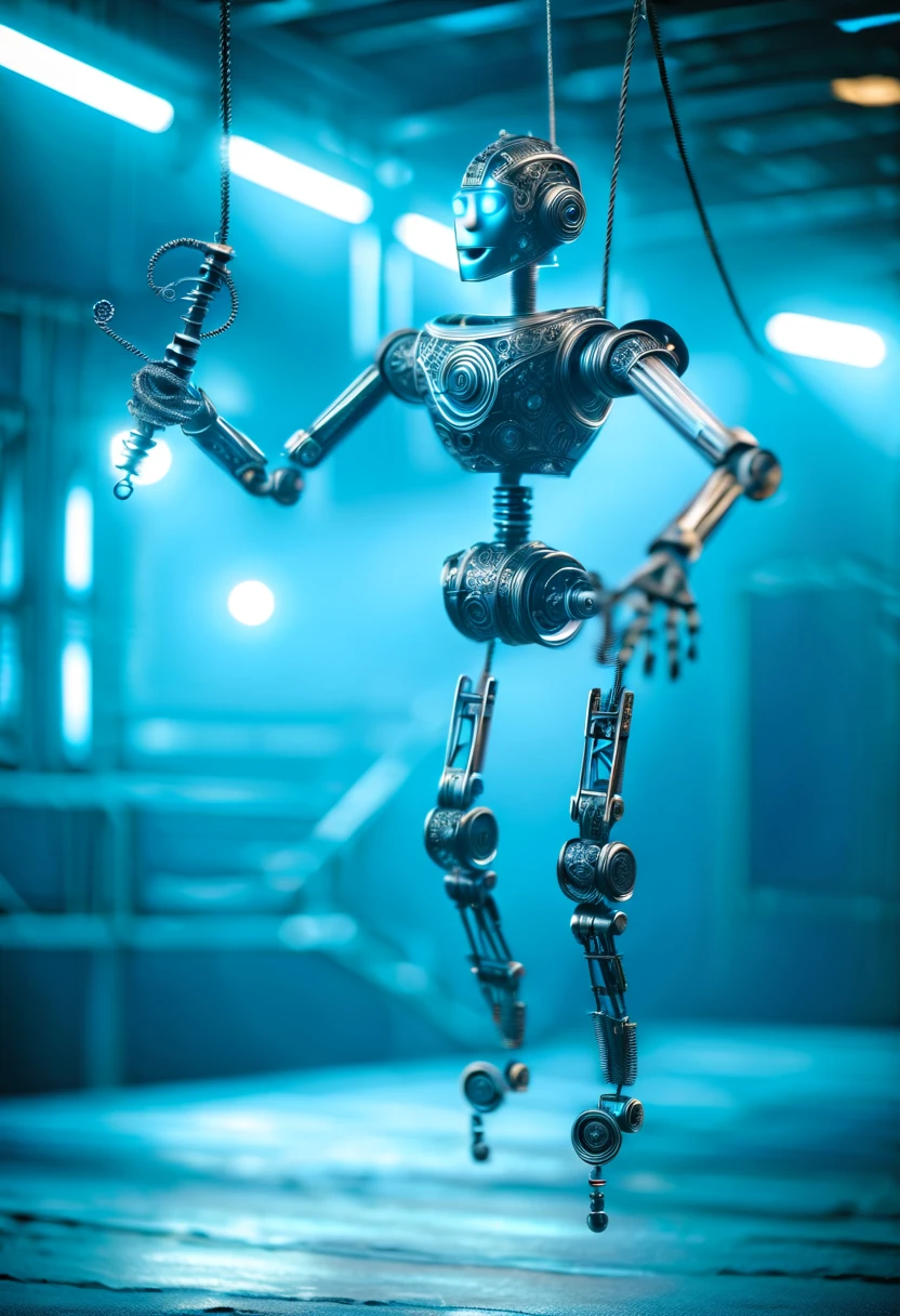 Image: **[Mechanical Puppet]** Descriptive keywords: *A metallic creature with intricate details and moving parts, resembling a marionette.* Photographic style: *Industrial and futuristic, with cold blue lighting highlighting the metallic textures.* Tone: *Mysterious and intriguing* Object: **[Mechanical Puppet]** Action: *The Mechanical Puppet is gracefully dancing with fluid movements, as if performing an elegant ballet.* Create an image of a Mechanical Puppet in an industrial and futuristic setting, captured in cold blue lighting, showcasing intricate metallic details. The tone should evoke a sense of mystery and intrigue, with the puppet gracefully dancing like a marionette brought to life.
