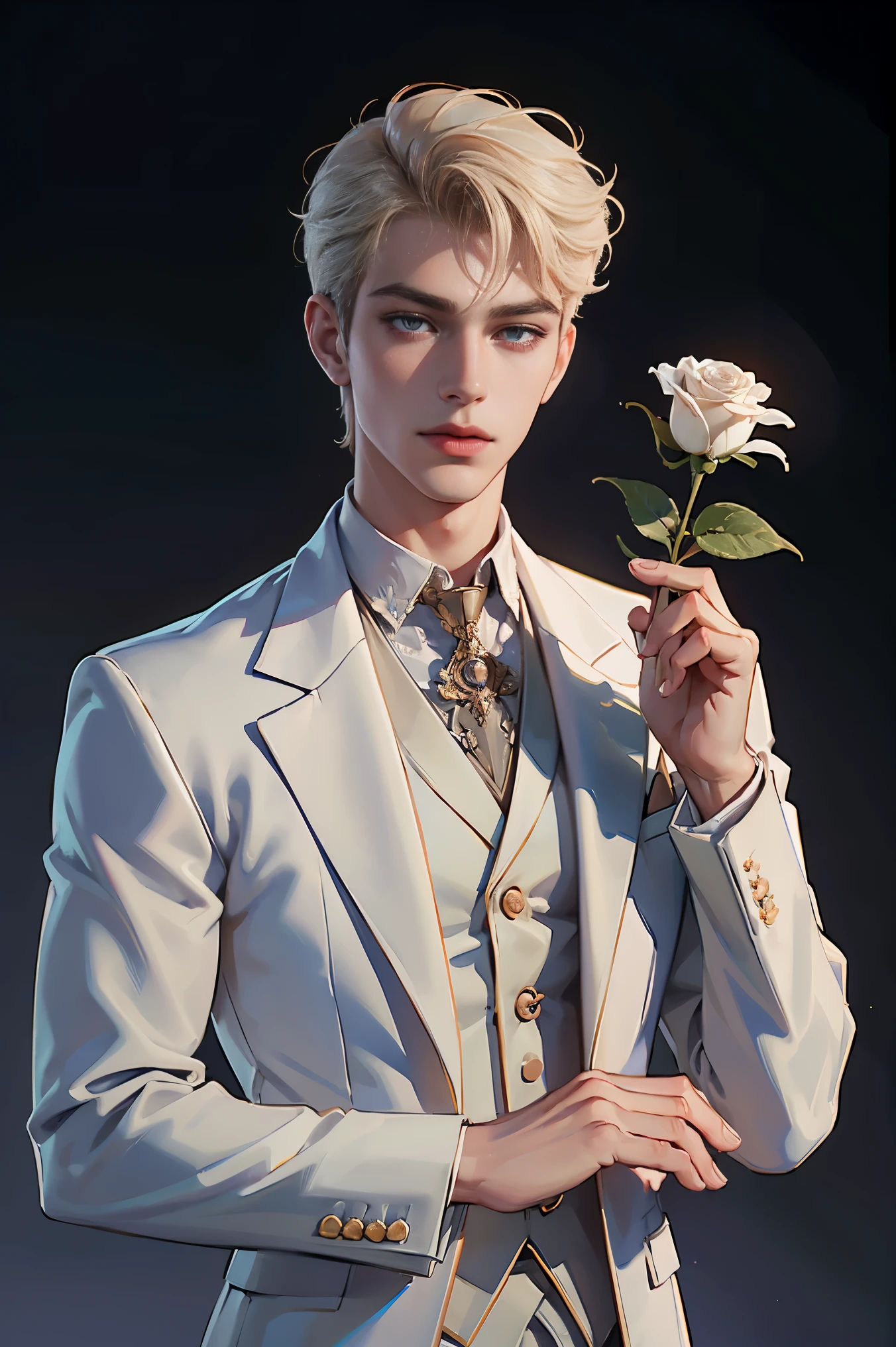 (high quality,HD,4k:1.2),a detailed white-suited man holding a rose, aesthetically neutral prince, in the style of neo-core and Charlie Bowater, exquisite male character art, almost perfect, captured with Sony A7 IV for HD resolution, studio lighting, delicate flowers blooming softly.