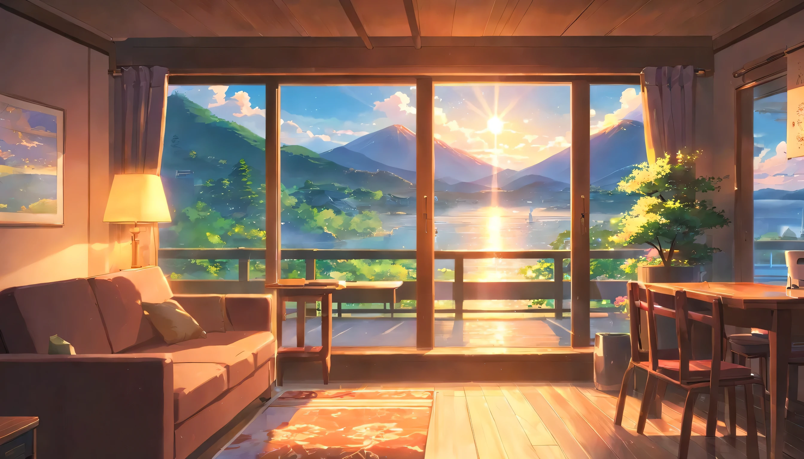 masterpiece, highest quality, movie stills, the boy sat on the sofa, sip his coffee, look outside the hut'big window. The view outside was breathtaking - majestic Mt...々, Gentle cherry blossoms, and a falling waterfall. A cozy fireplace crackles in the background, shines warm light into the room. when he looks、, the sun began to set, Color the sky with beautiful colors. A ray of light came in from the window, Illuminates the inside of your car with warm light。, inviting light.