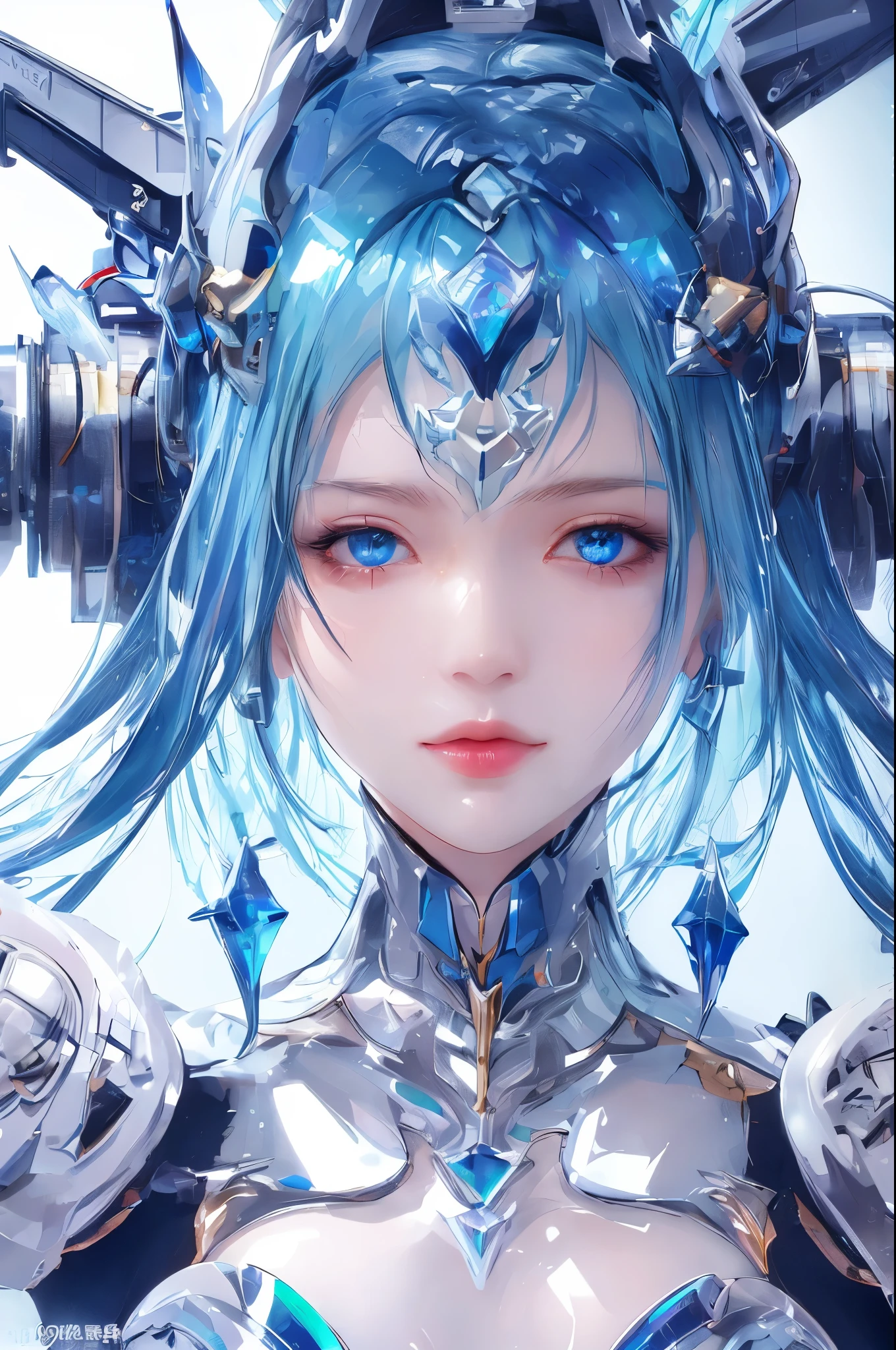 mechanical girl，Mechanical arm，Mechanical head，full-body shot, fantastic colors, close up,  reflective transparent iridescent colors,soft lighting/ soft light, high detail, ultra high definition