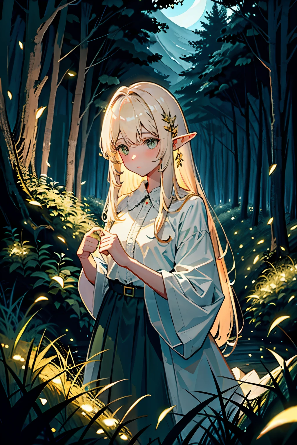 Natural light, soft lighting, sunlight, elf, maximum clarity and sharpness, forest,night 