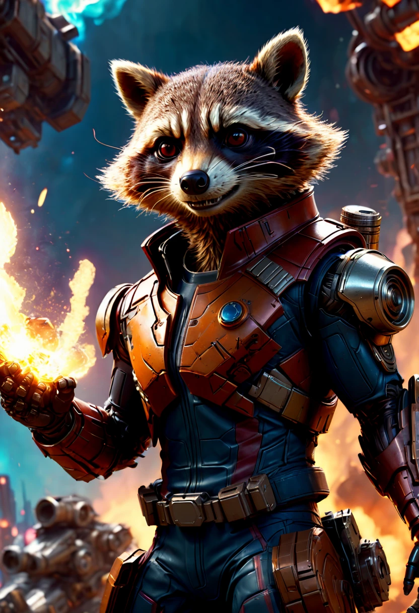 Mechanical raccoon from "Guardians of the Galaxy", sci-fi, fighting stance, hand up, angry, glowing, shine, dazzling, war, explosion in background, flame in background, (best quality, masterpiece, Representative work, official art, Professional, Ultra intricate detailed, 8k:1.3)