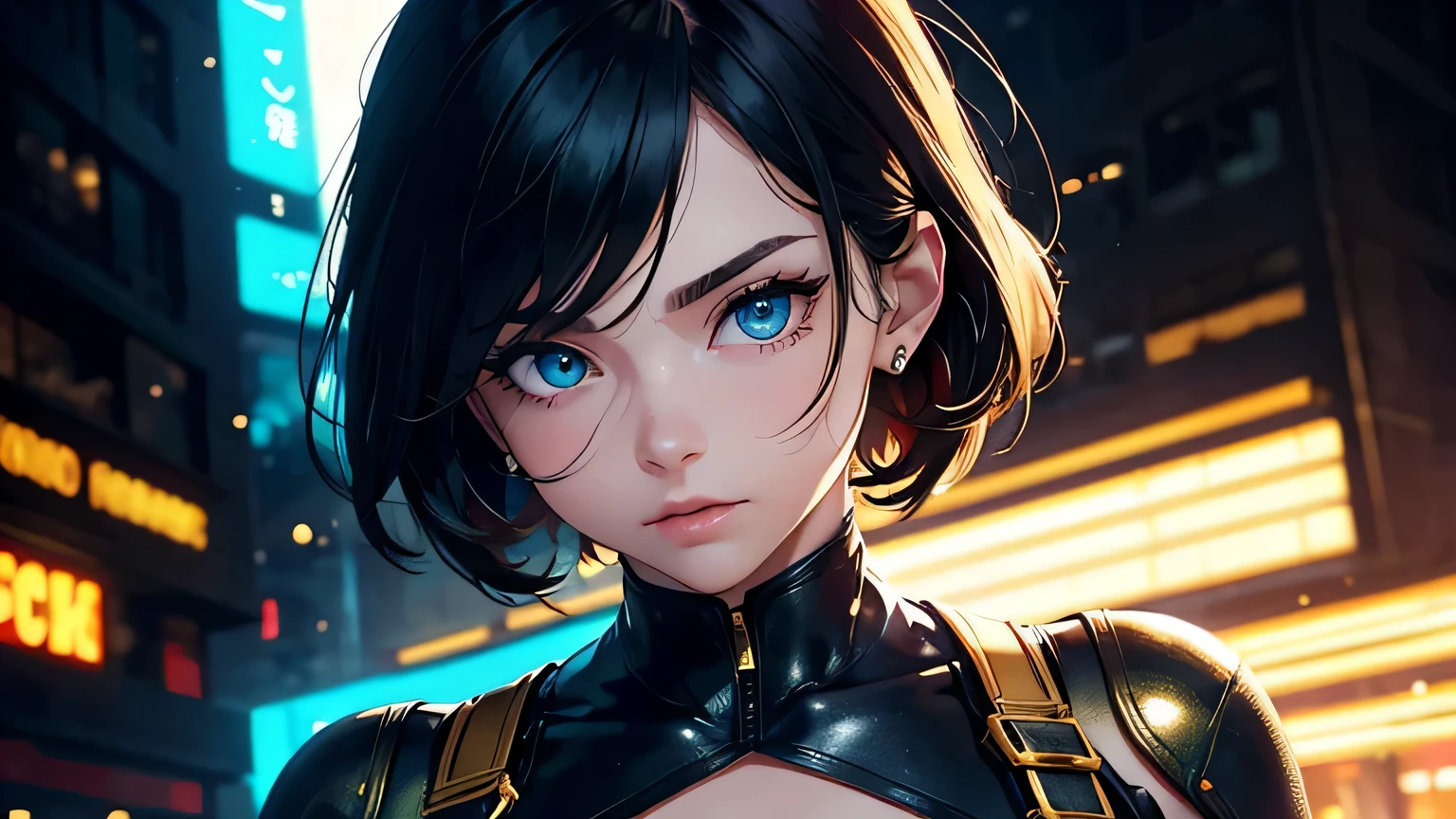 4K, A high resolution, Best quality at best, masterpiece, perfect colors, perfect shadow, perfect litthing, ((sportrait)), 1woman, fit body, heterochromia eyes,dark blue hair , blue eyes, With round lenses, The audience watched carefully, (s face: 1.2), Perfect female figure, ((dynamic pose)), ((gold and red Tight crop top gold and red leather suit)), ((shy and looking at viewert)), (Perfect thick white eyebrows) Delicate fur, 详细s face, s the perfect face, , (dynamic pose), cyberpunk abstract background, ((Bonifasko lighting)), (The round lenses on his eyes)(detailed eyes), Perfect student, ((face close up))